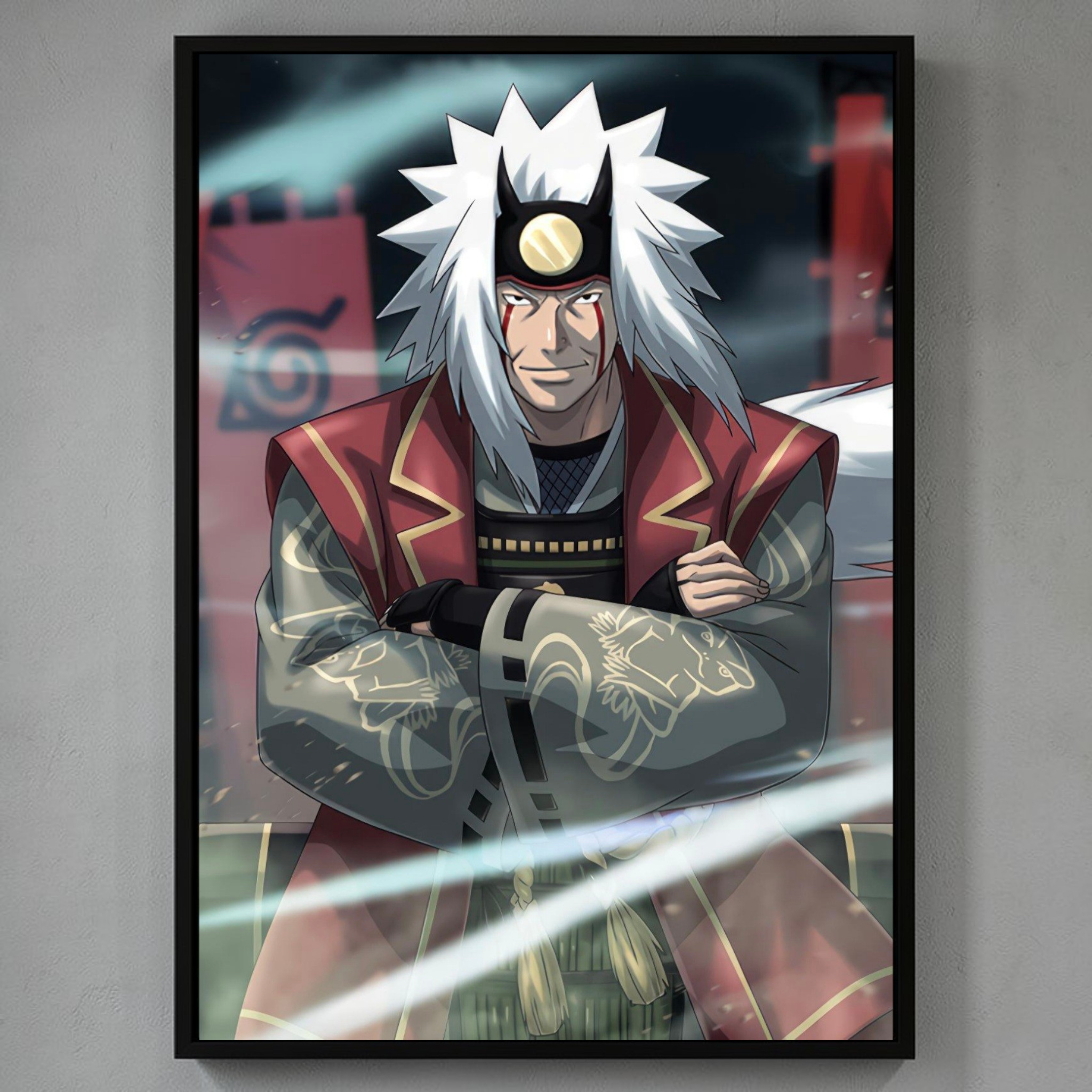 Framed artwork of an anime character with white hair and a red and black outfit.