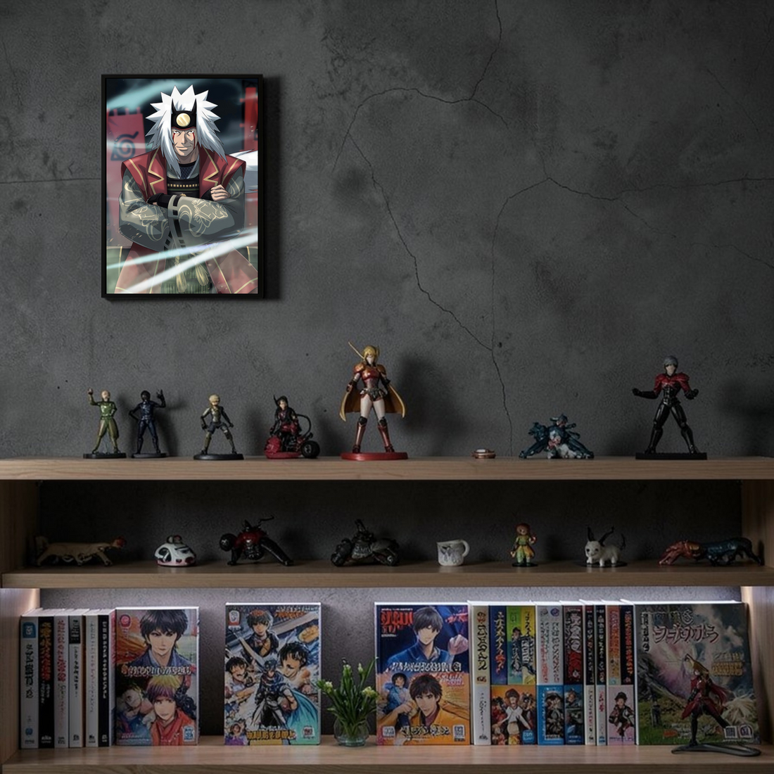 Framed artwork of an anime character with white hair and a red and black outfit.