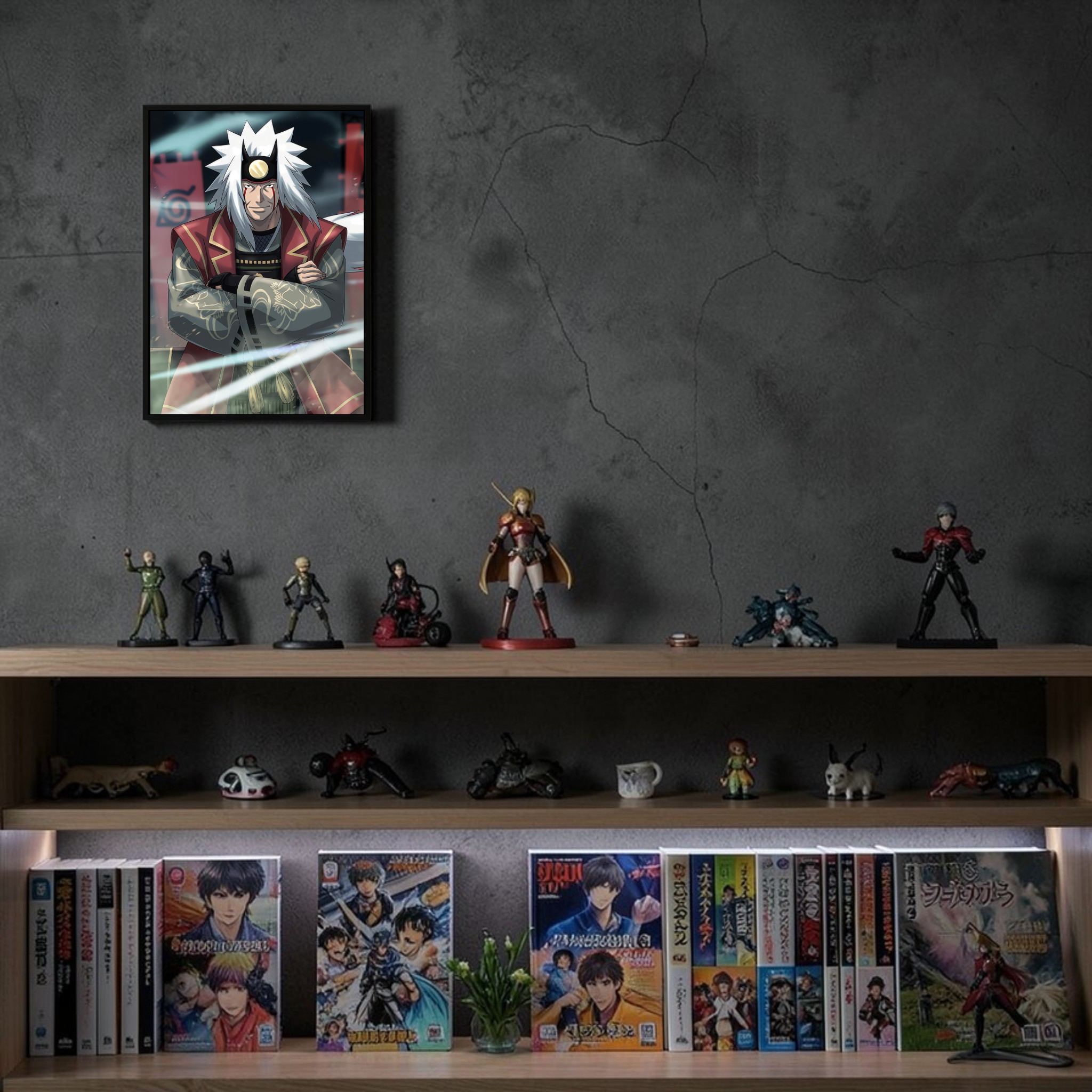 Collection of figurines and anime DVDs on a shelf against a dark gray wall.