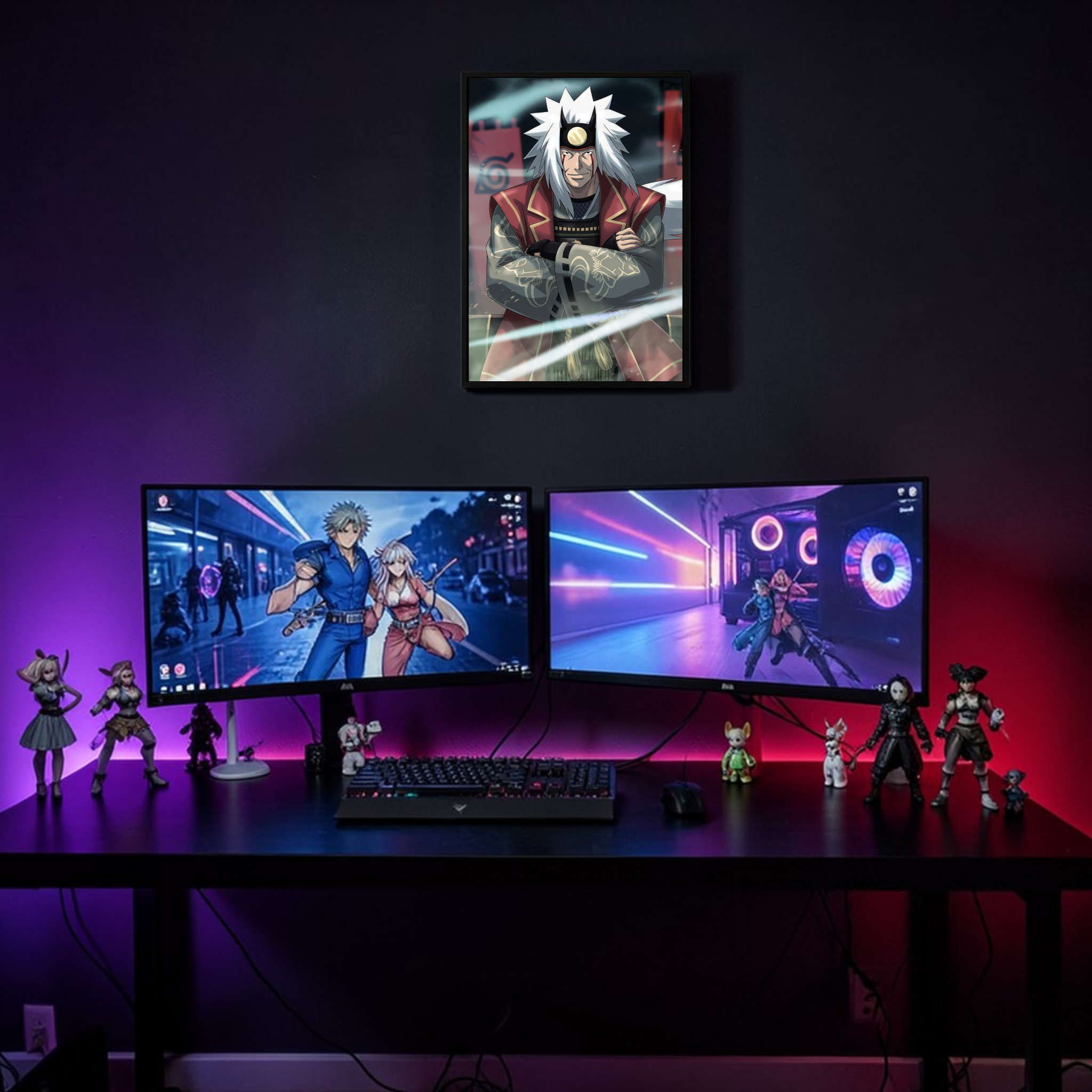 Gaming setup with two monitors, keyboard, and figurines on a desk with a dark background.