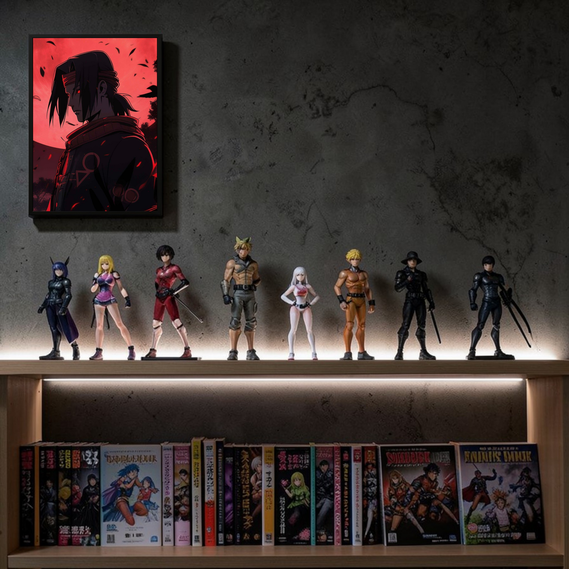 Collection of action figures and comic books on a shelf with a dark wall background.