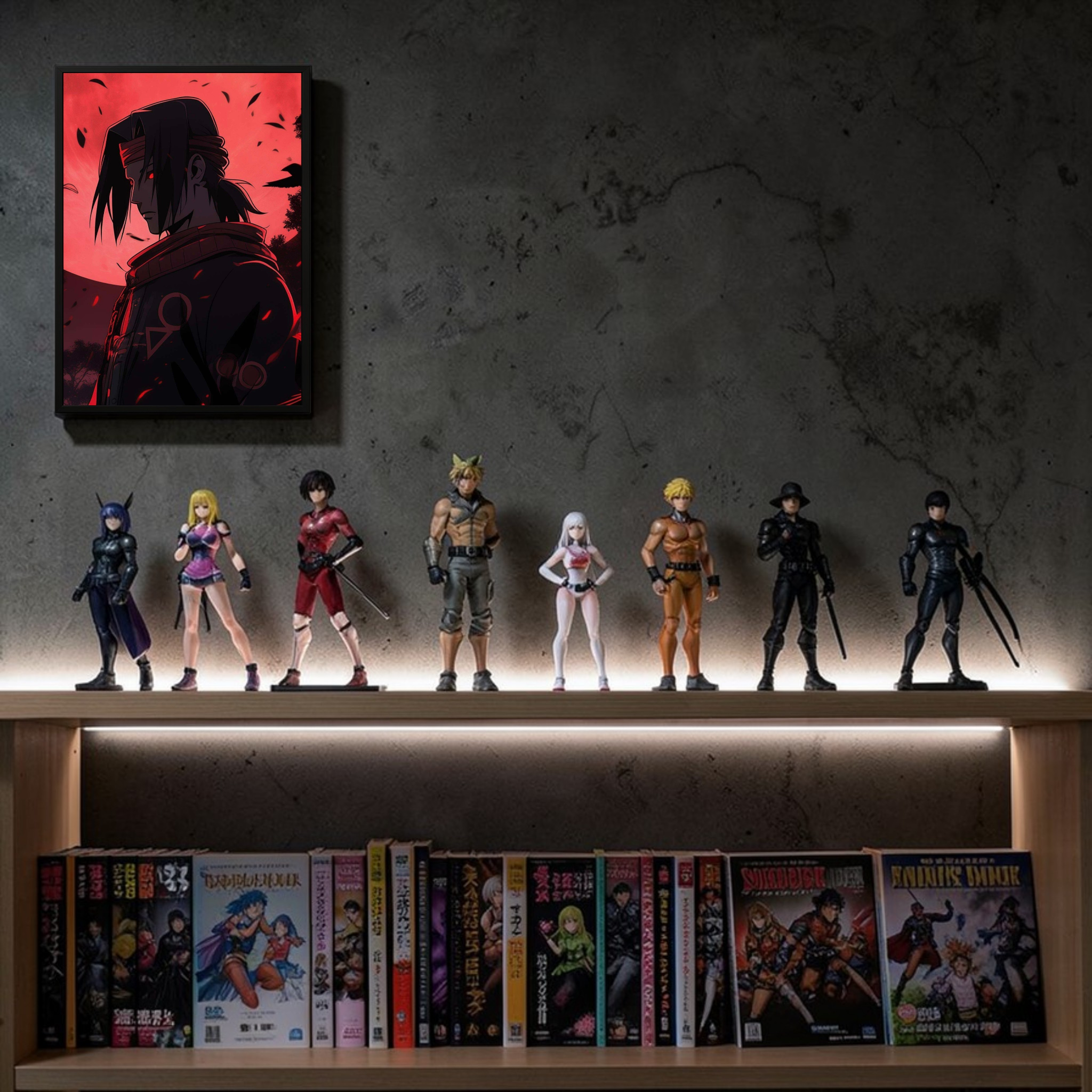 Collection of action figures and comic books on a shelf with a dark wall background.