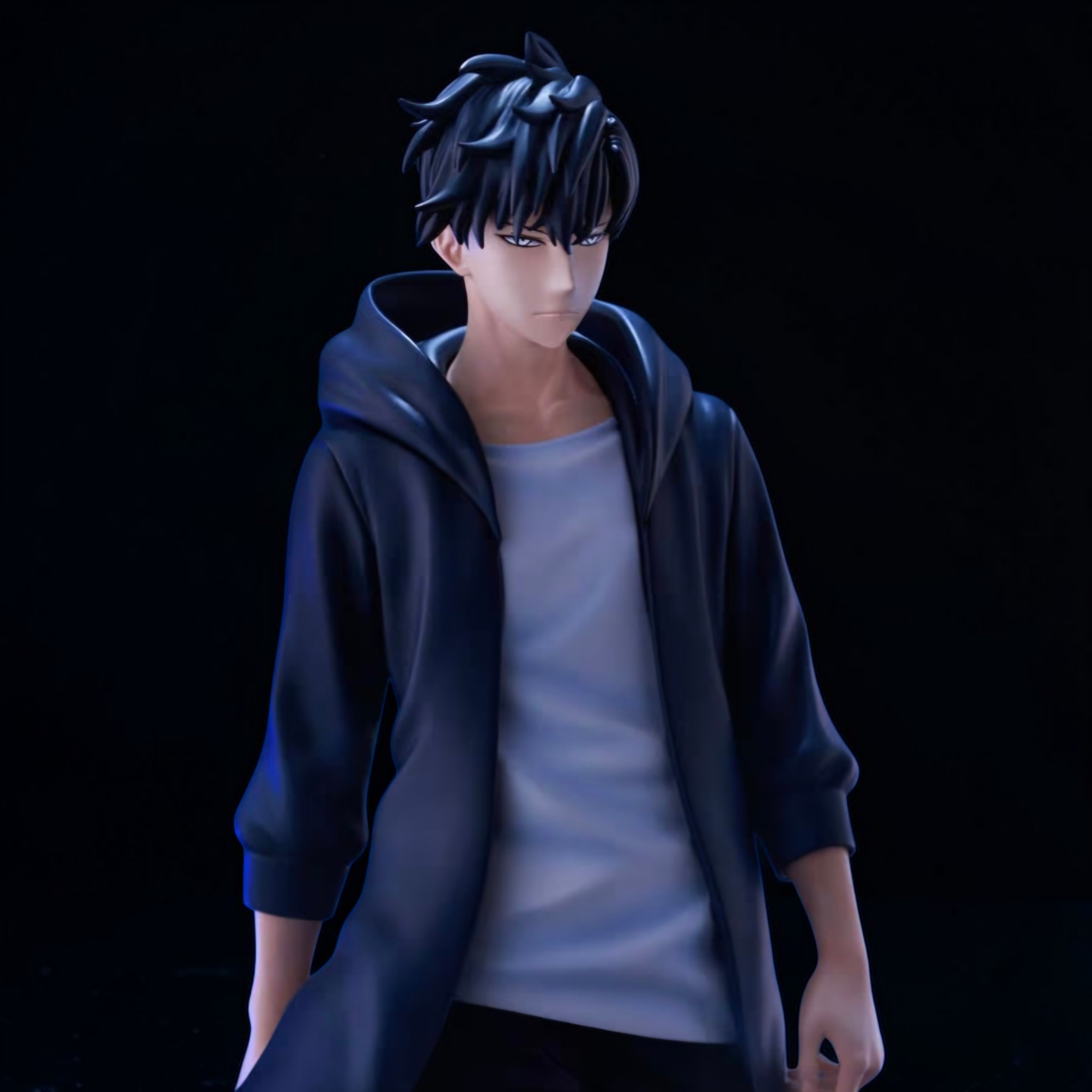 3D model of a person wearing a dark hoodie and light shirt on a black background