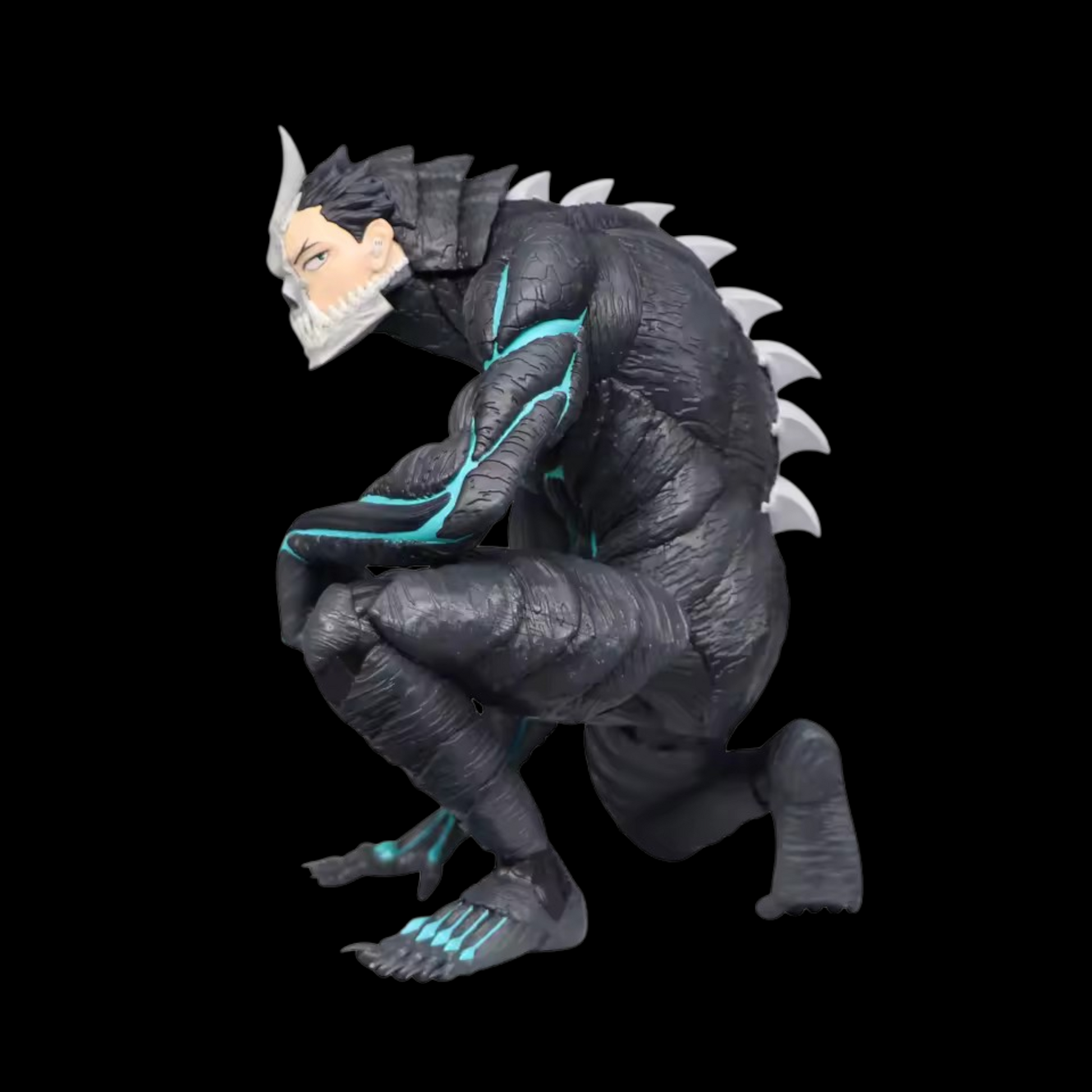 Gray and black creature figurine with blue accents on a black background