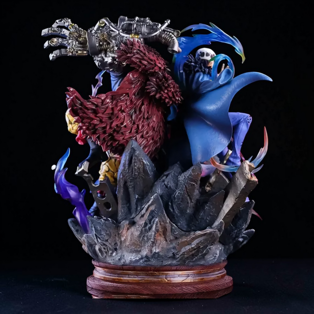 Colorful fantasy sculpture with rooster and shark on a dark background