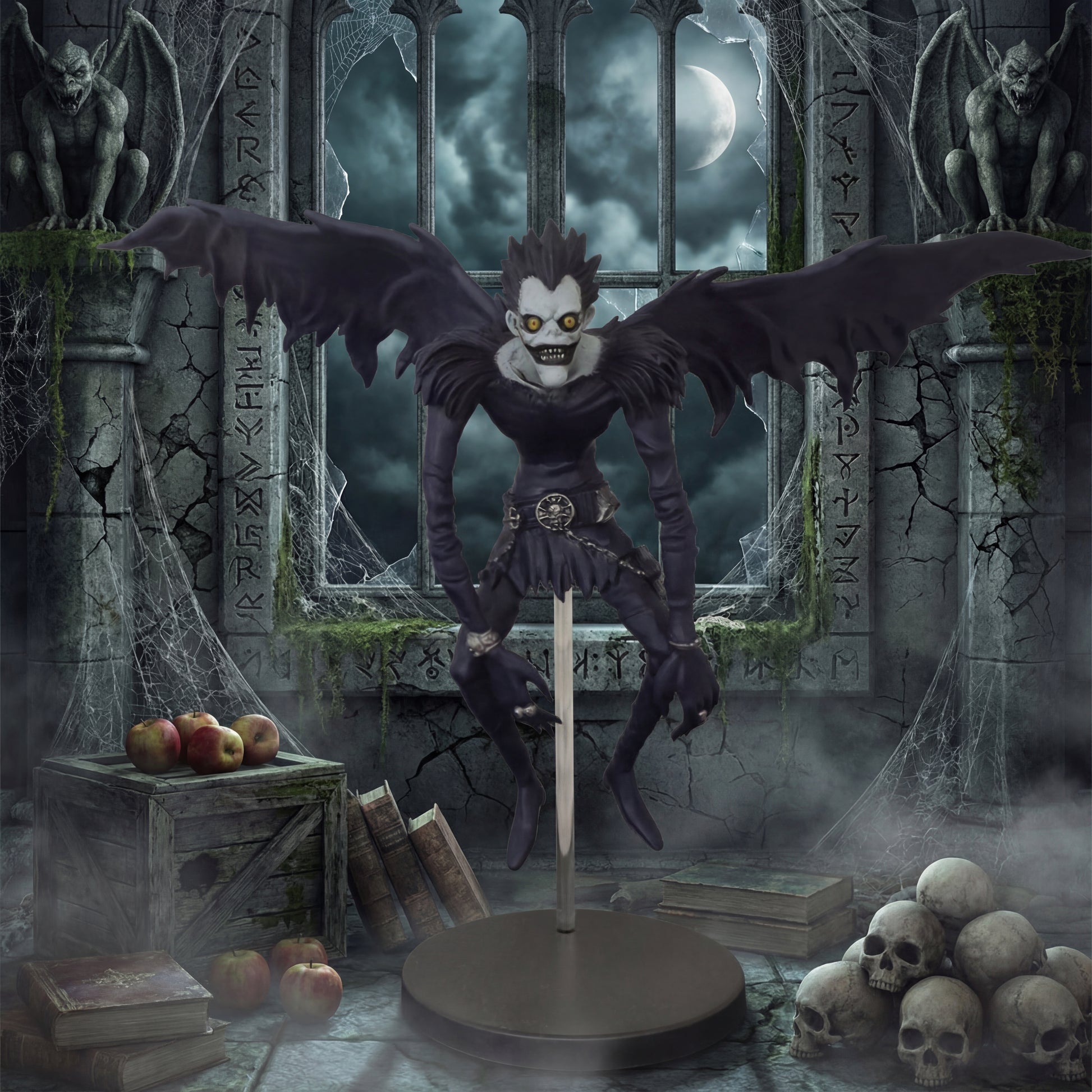 Gothic-style figurine with wings in a dark, eerie setting with skulls and books.