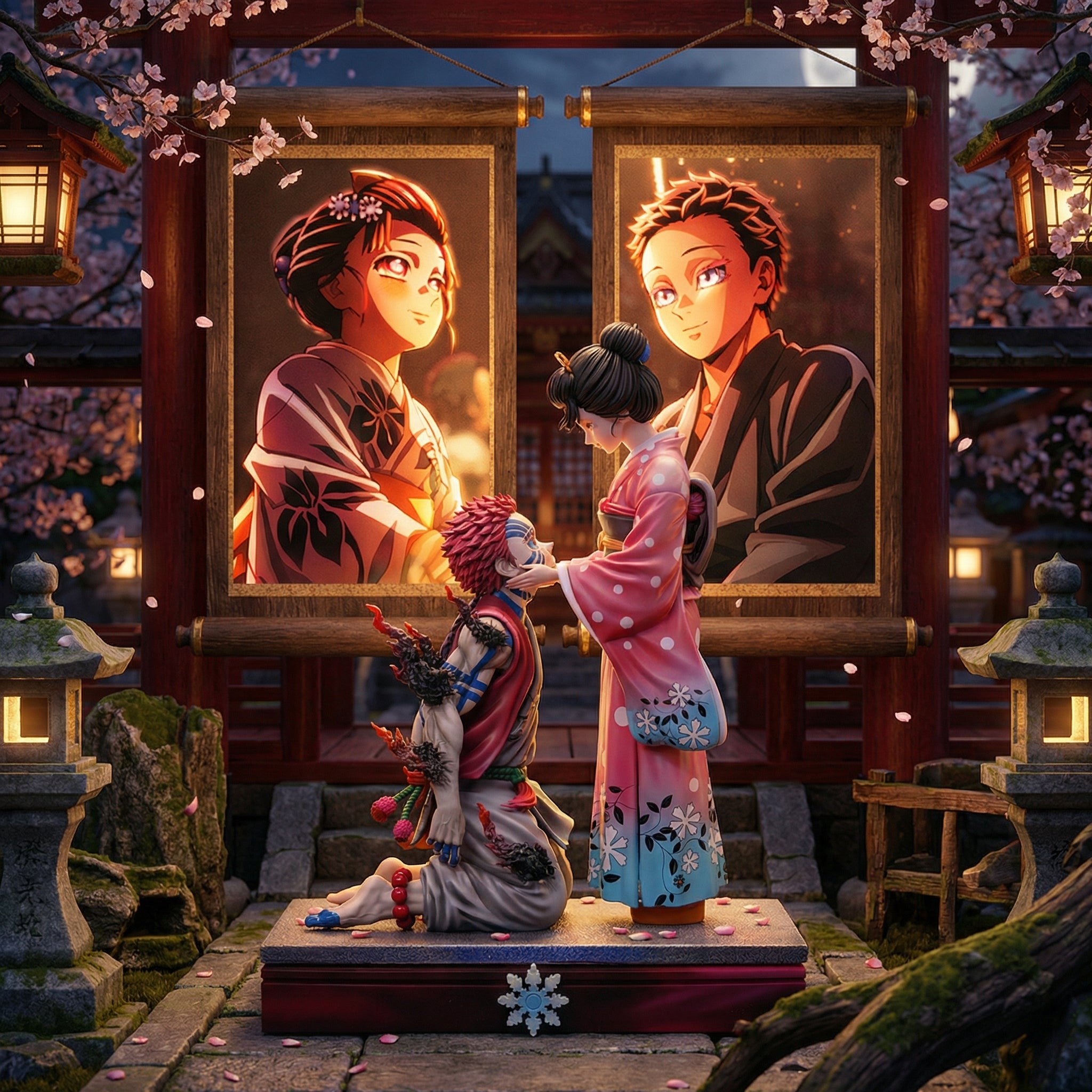 Statues of people in traditional attire in a Japanese setting with cherry blossoms and lanterns.