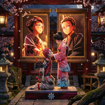Statues of people in traditional attire in a Japanese setting with cherry blossoms and lanterns.