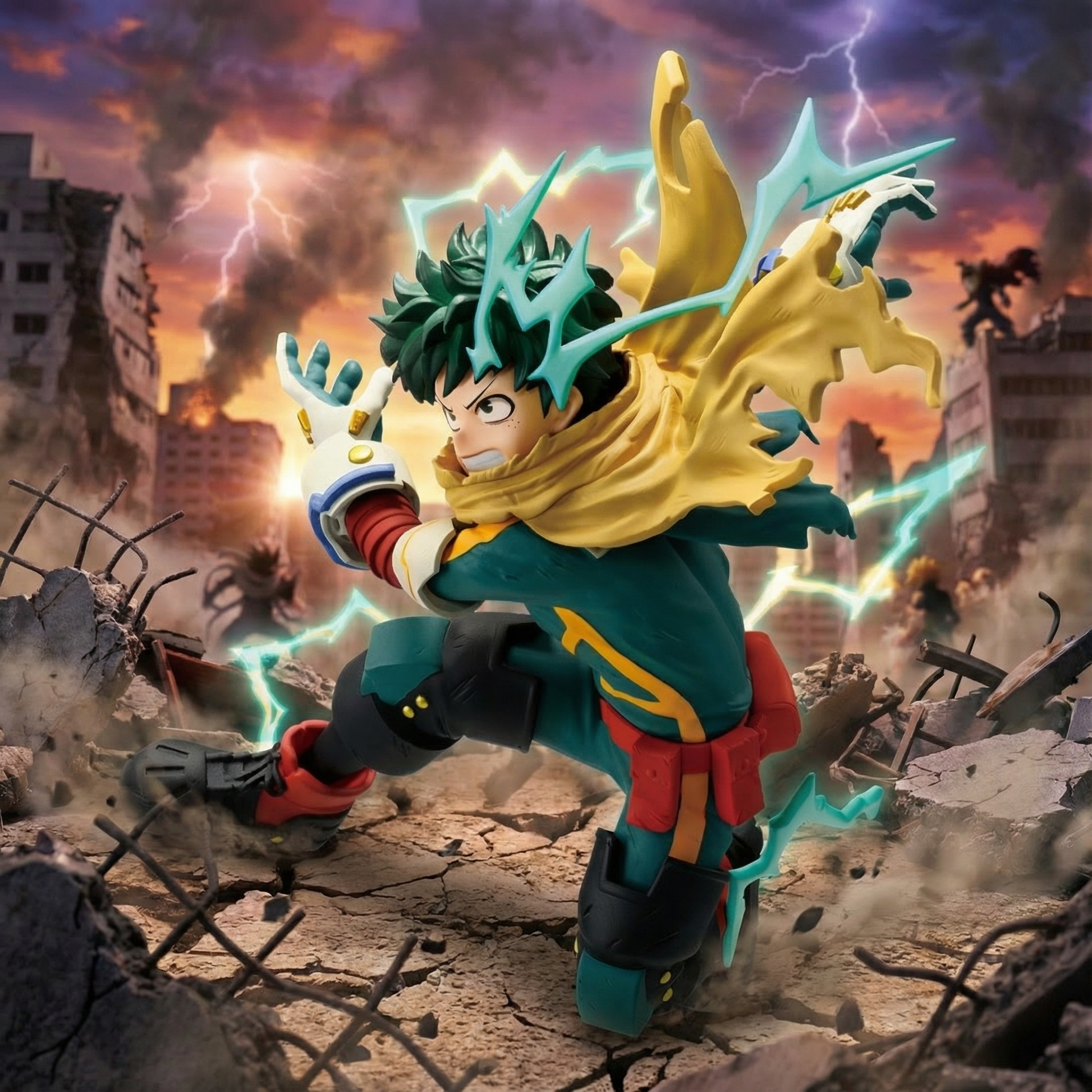 Animated character in a dynamic pose with a destroyed cityscape in the background