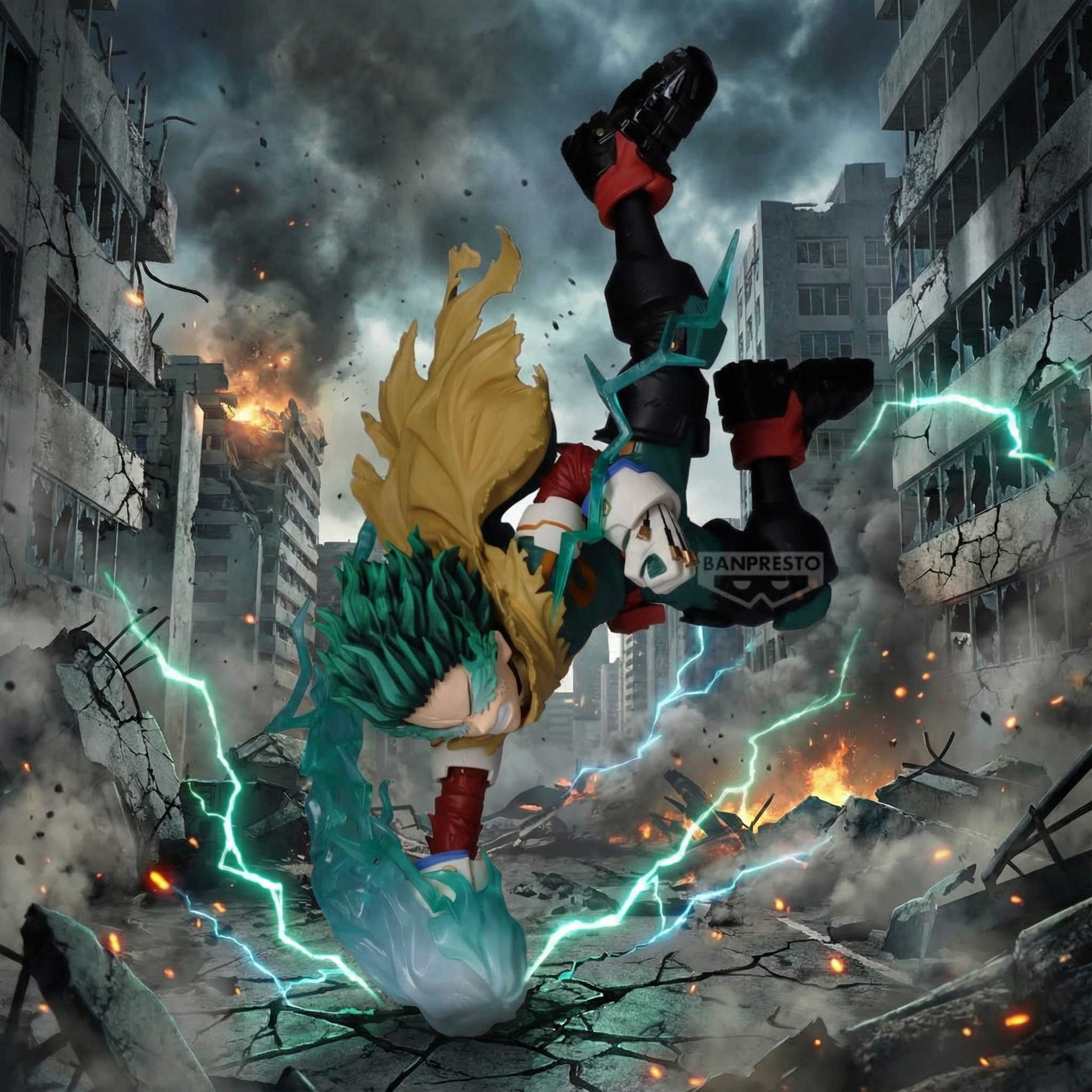 Animated character in a dynamic pose amidst a destroyed cityscape with lightning effects