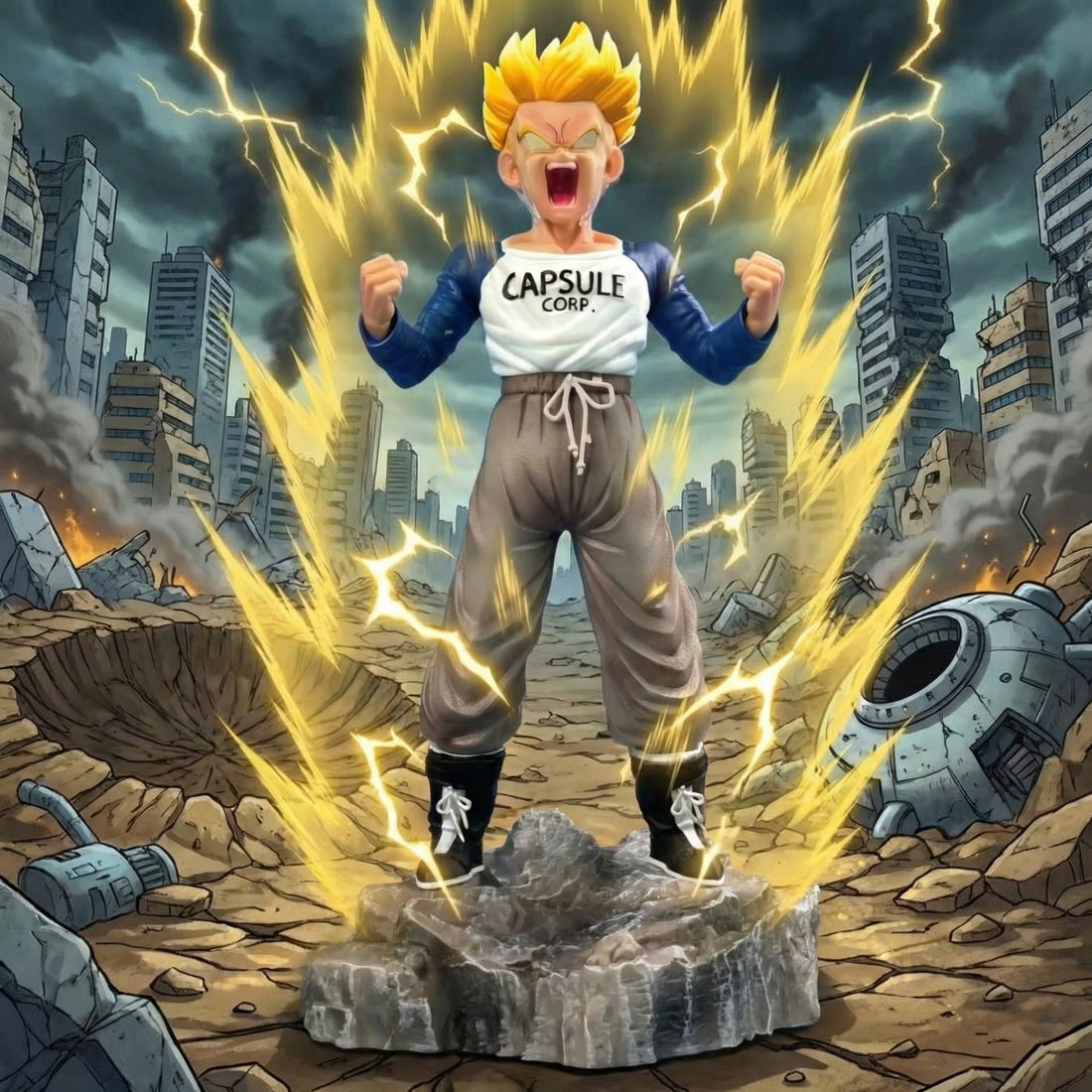 Character in a dynamic pose with energy effects in an urban destruction scene