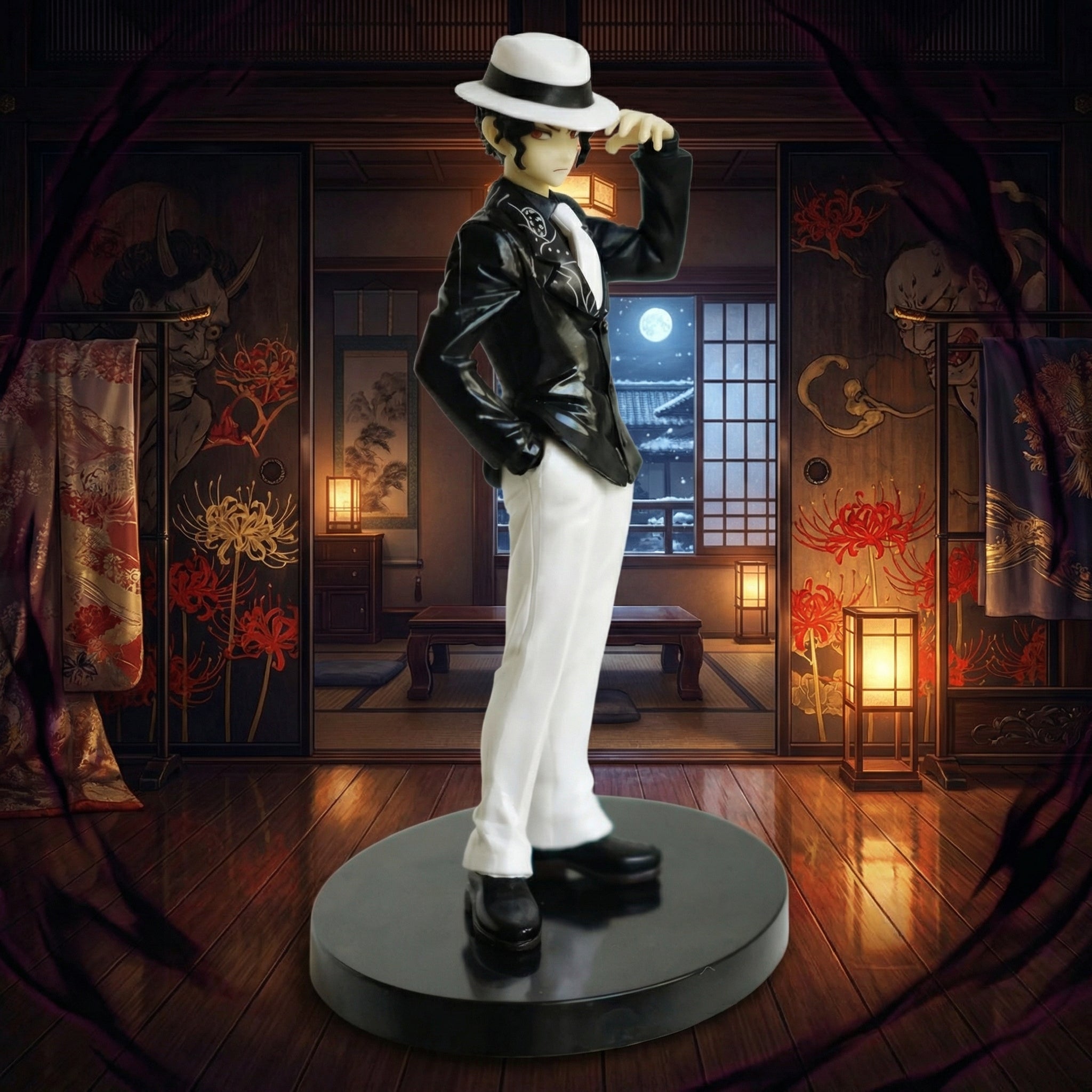 Statue of a person in formal attire in a decorative room with lanterns and traditional decor.