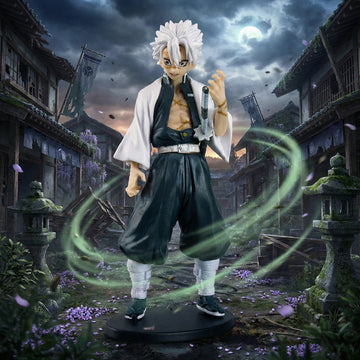Action figure of a character with white hair and green energy in a dark, Japanese village setting.