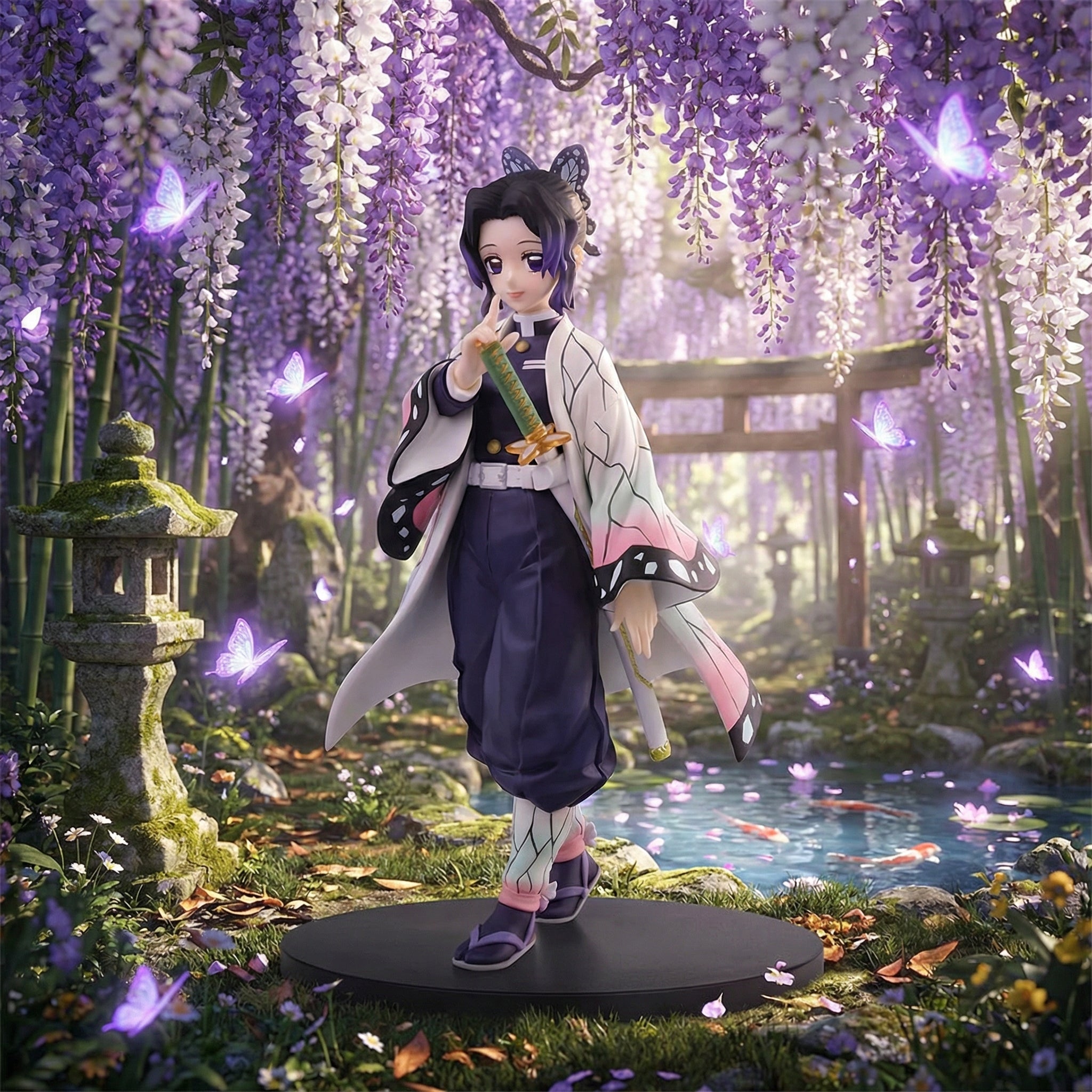 Anime character figurine in a garden with wisteria flowers and a pond.