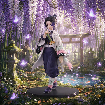 Anime character figurine in a garden with wisteria flowers and a pond.