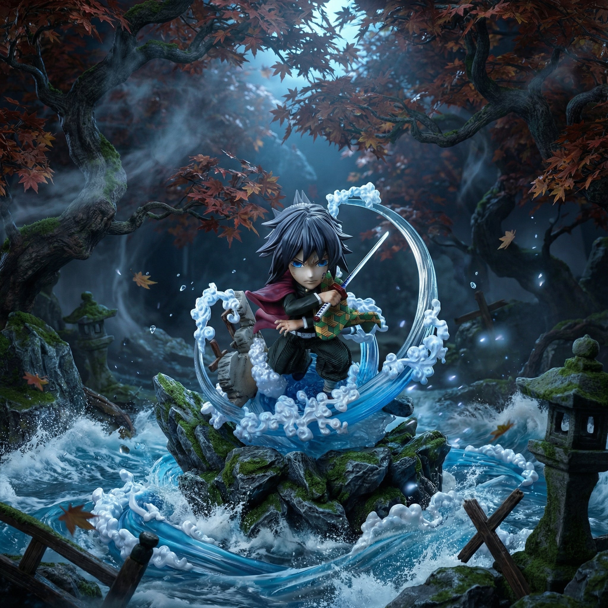 Animated character in a mystical forest with swirling water and autumn leaves