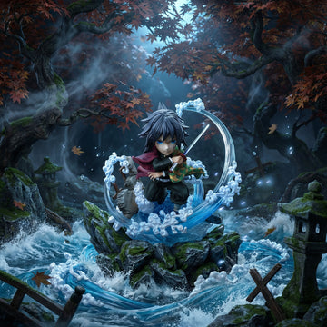 Animated character in a mystical forest with swirling water and autumn leaves