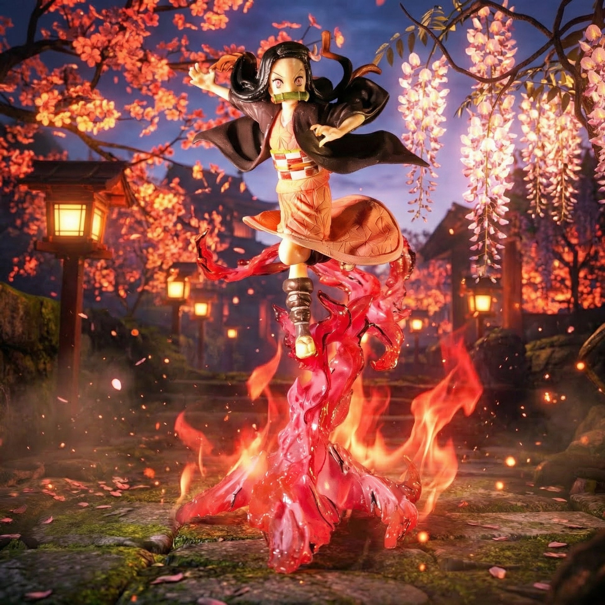 Animated character in a dynamic pose with flames and cherry blossoms in the background
