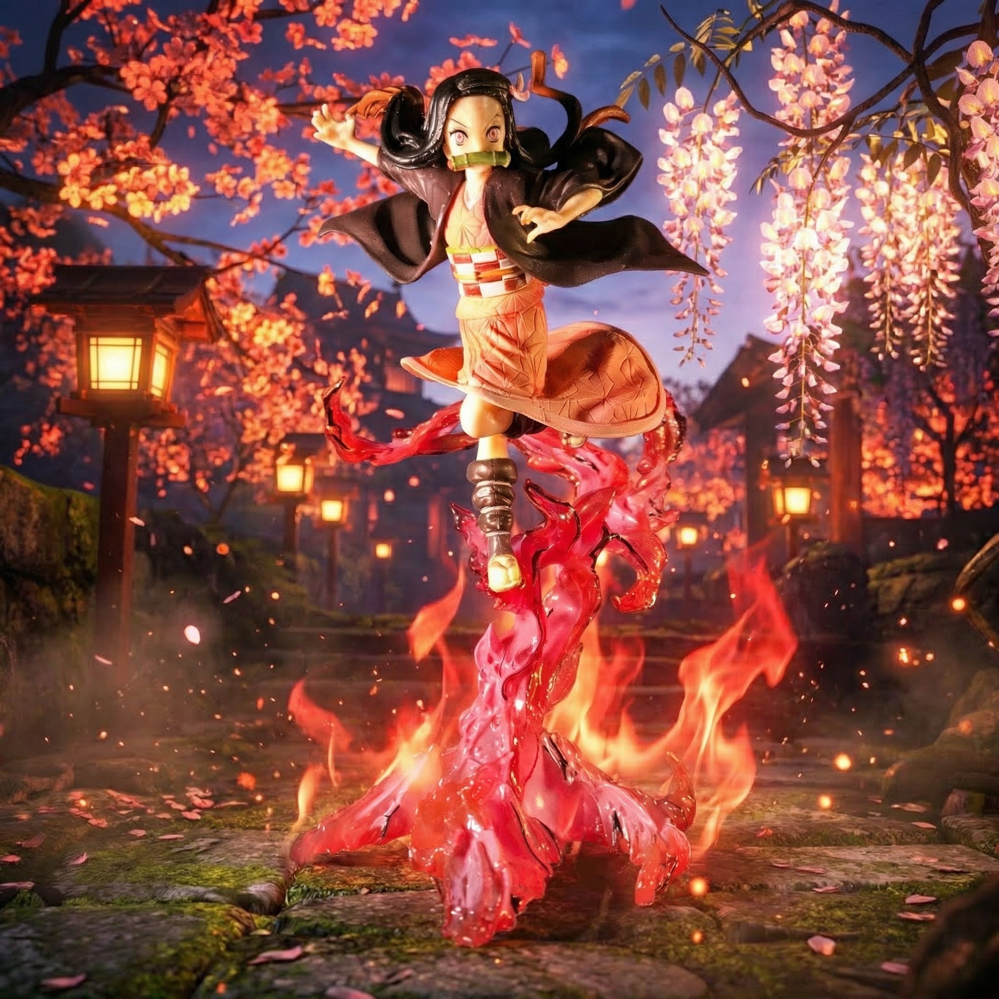 Animated character in a dynamic pose with flames and cherry blossoms in the background