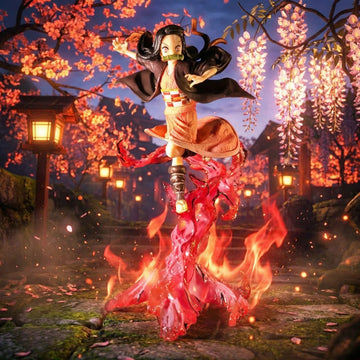 Animated character in a dynamic pose with flames and cherry blossoms in the background