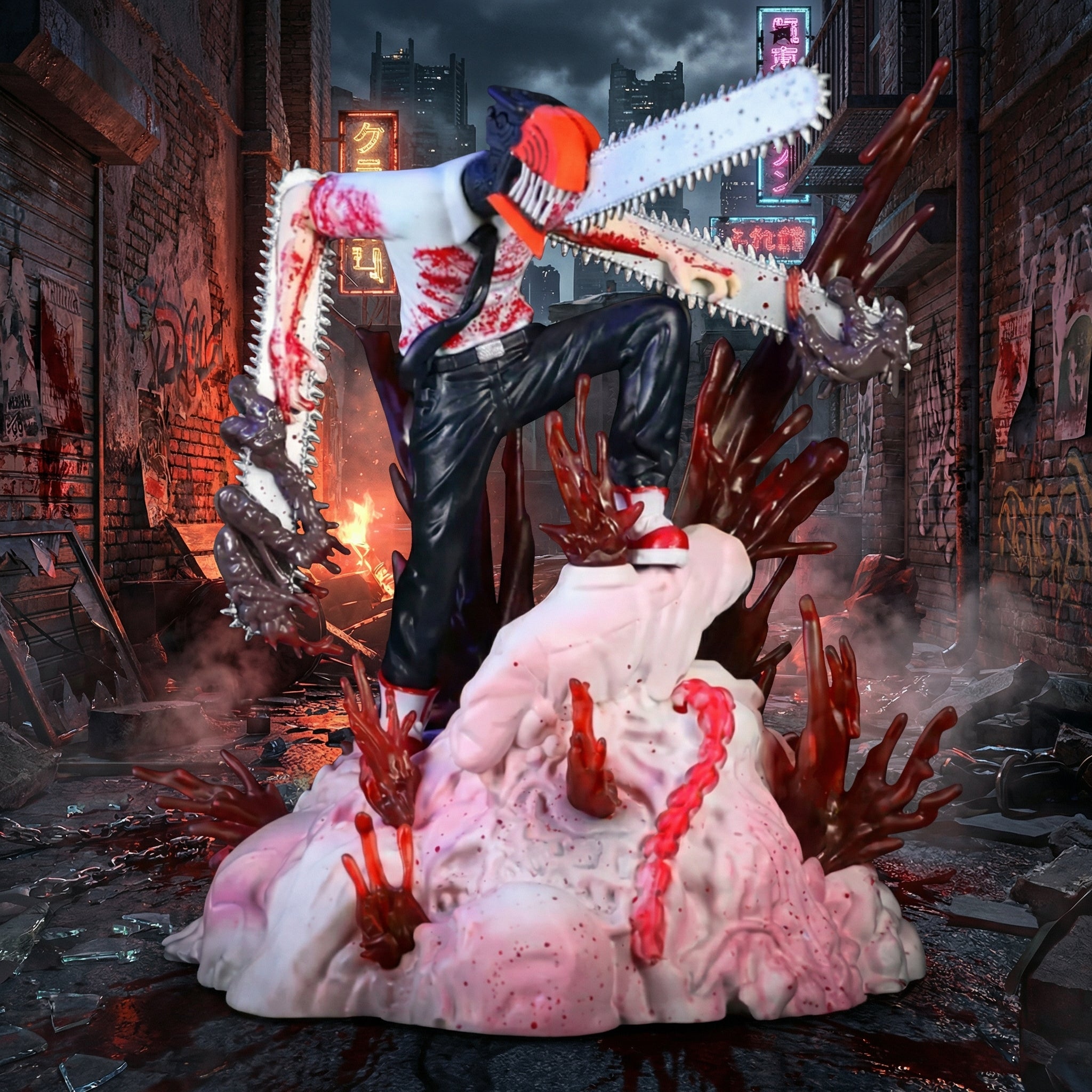 Gore-themed figurine with a person holding a chainsaw in an urban decay setting.