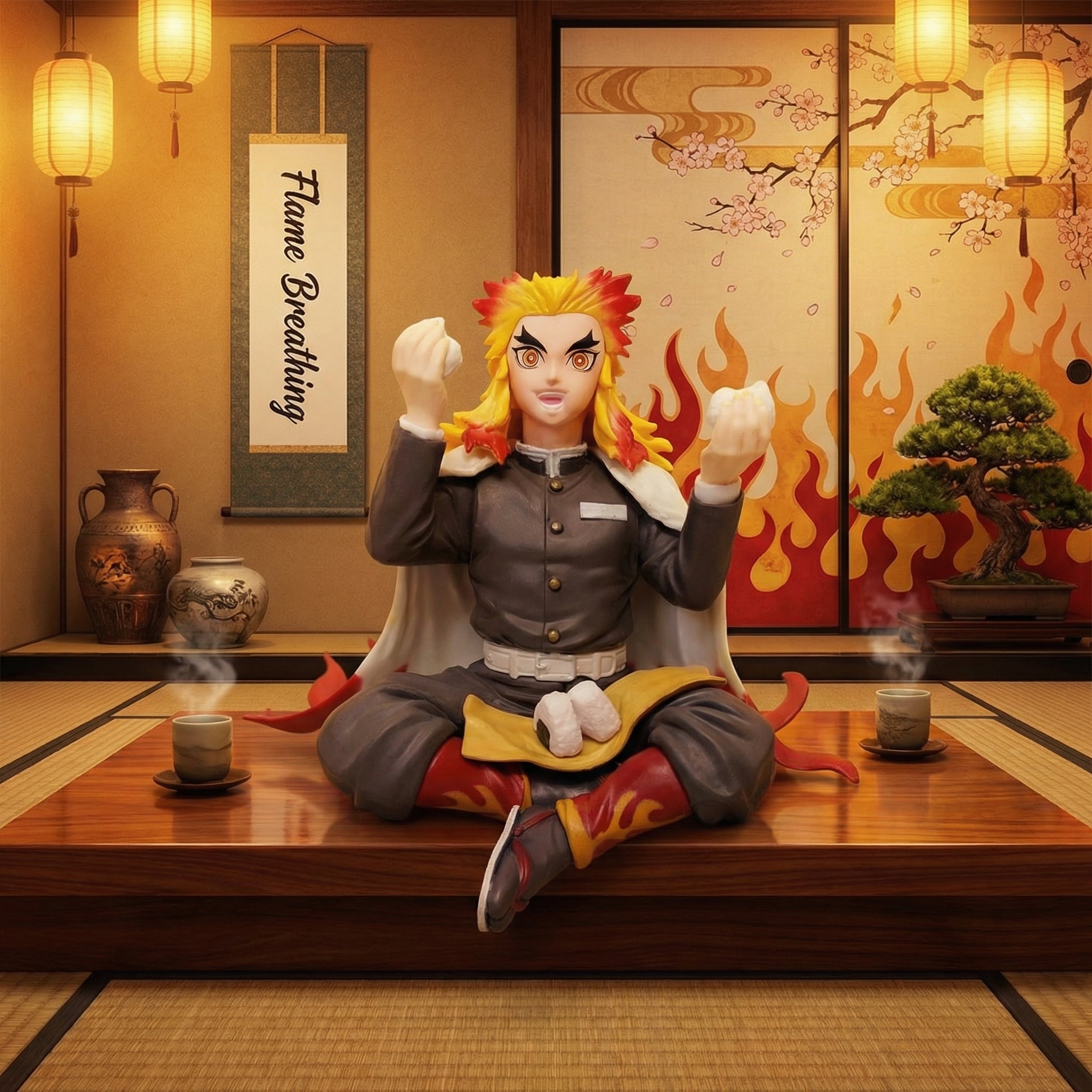 Animated character with flame-themed design sitting on a wooden floor in a room with decorative elements.