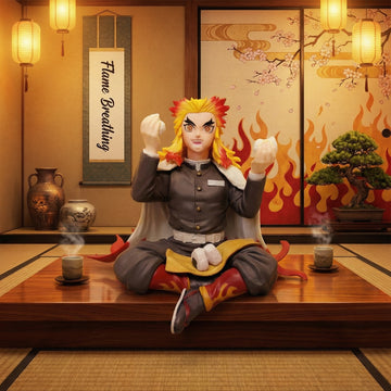 Animated character with flame-themed design sitting on a wooden floor in a room with decorative elements.