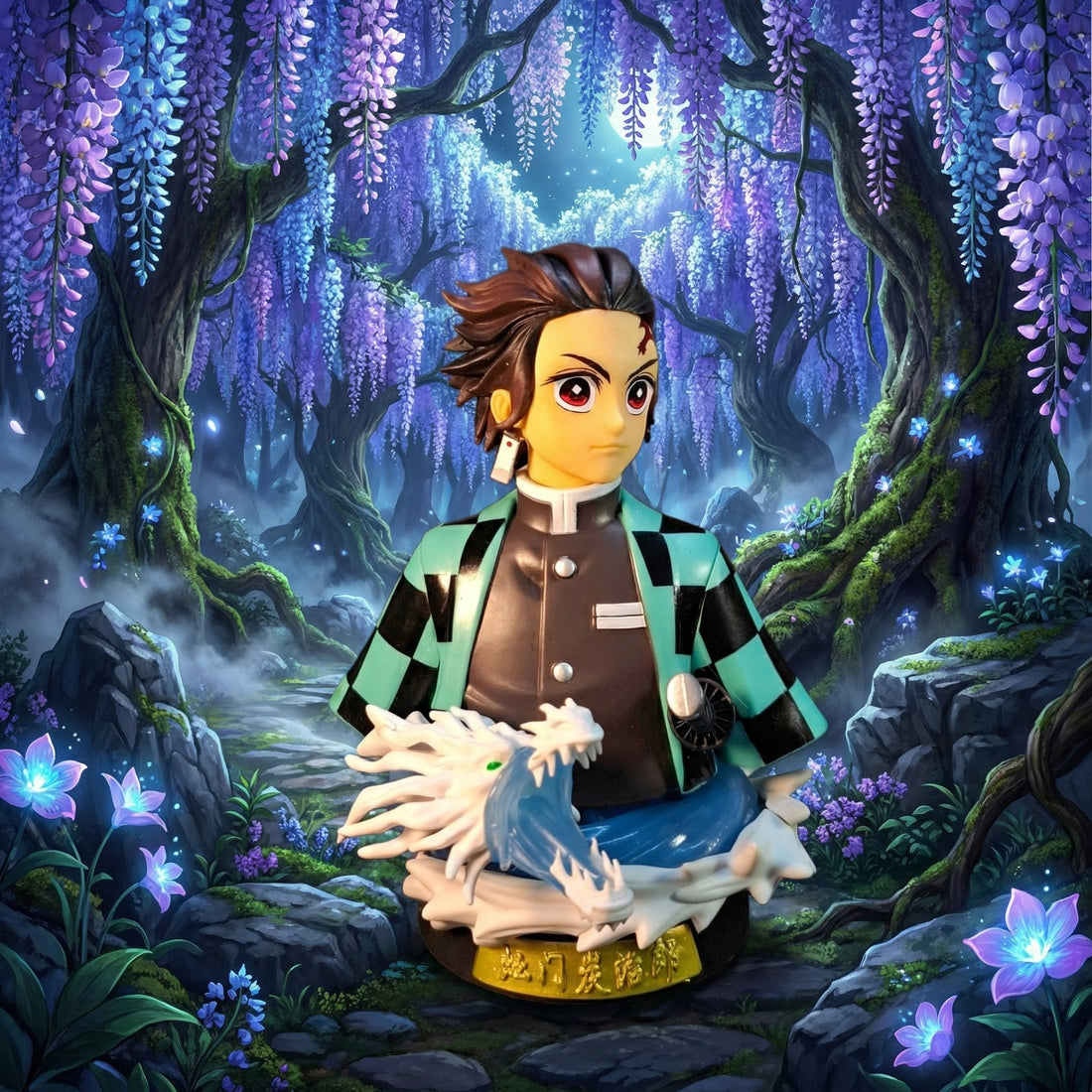Animated character holding a dragon figurine in a fantasy forest with wisteria flowers.
