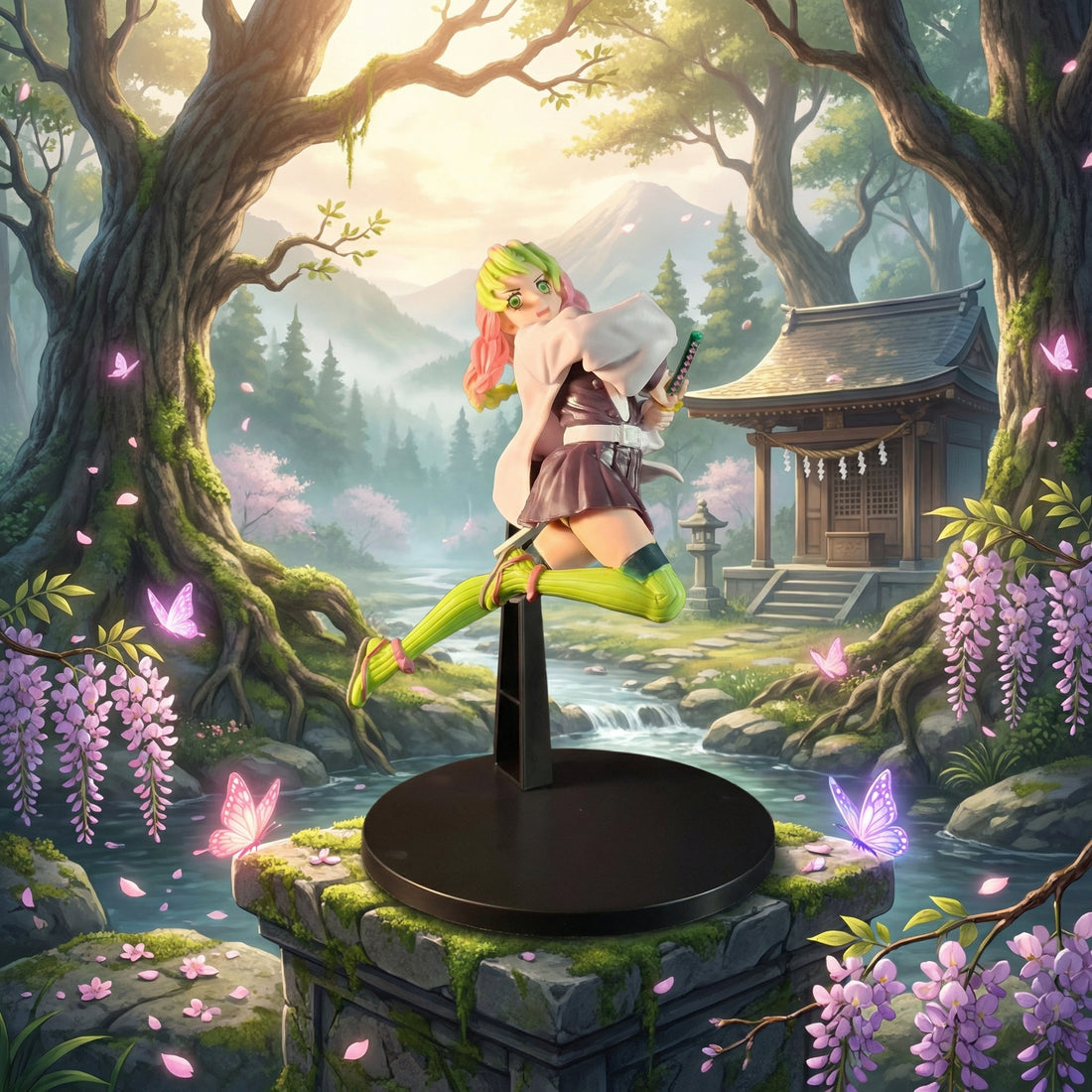 Animated character standing on a pedestal in a fantasy forest with wisteria and butterflies.