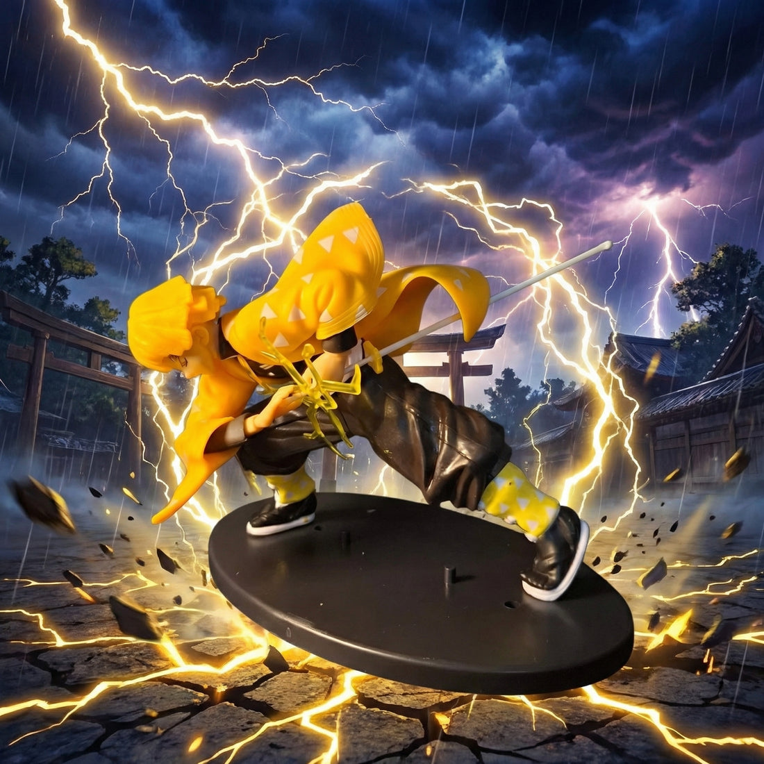 Animated character with yellow hair and outfit surrounded by lightning effects against a stormy sky.