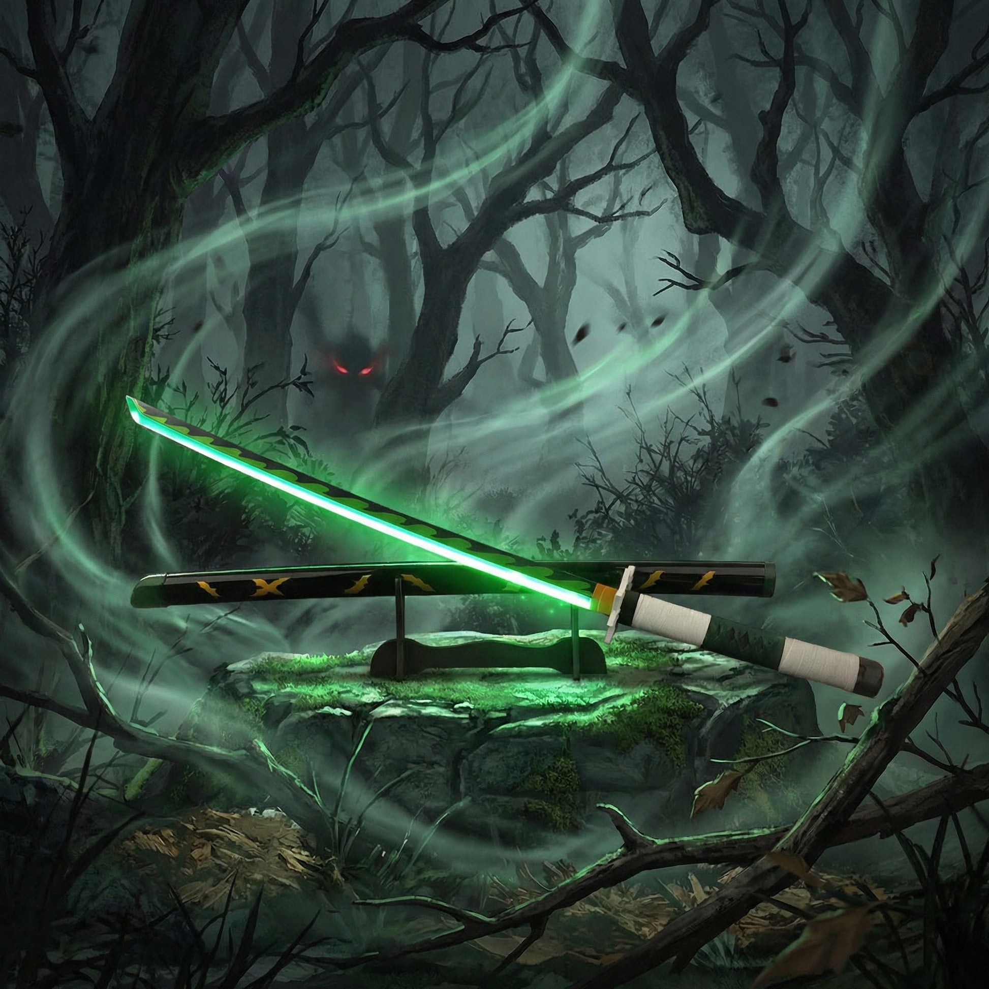 Sword with green energy in a dark forest setting