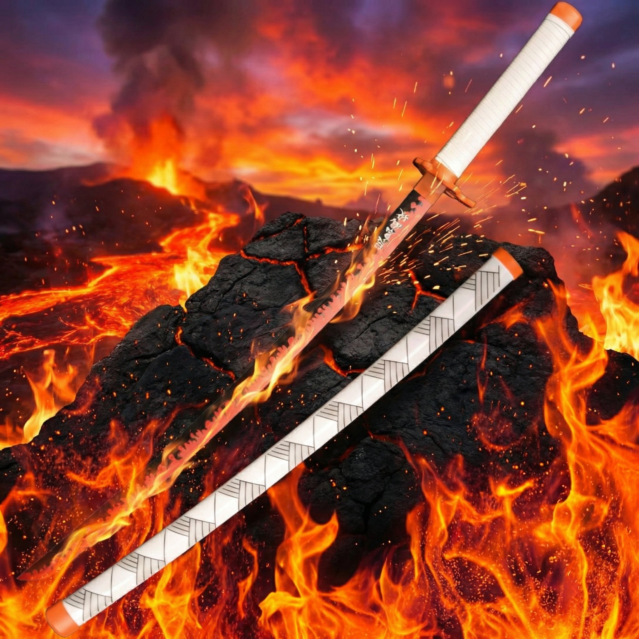 Cursed Hashira Kyojuro Rengoku Wooden Katana | Demon Slayer Flame Hashira Sword