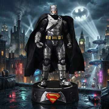 Batman figure in a cityscape with a Bat signal in the background