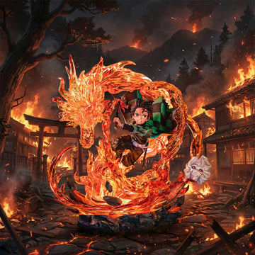 Animated character riding a fiery dragon amidst a burning village