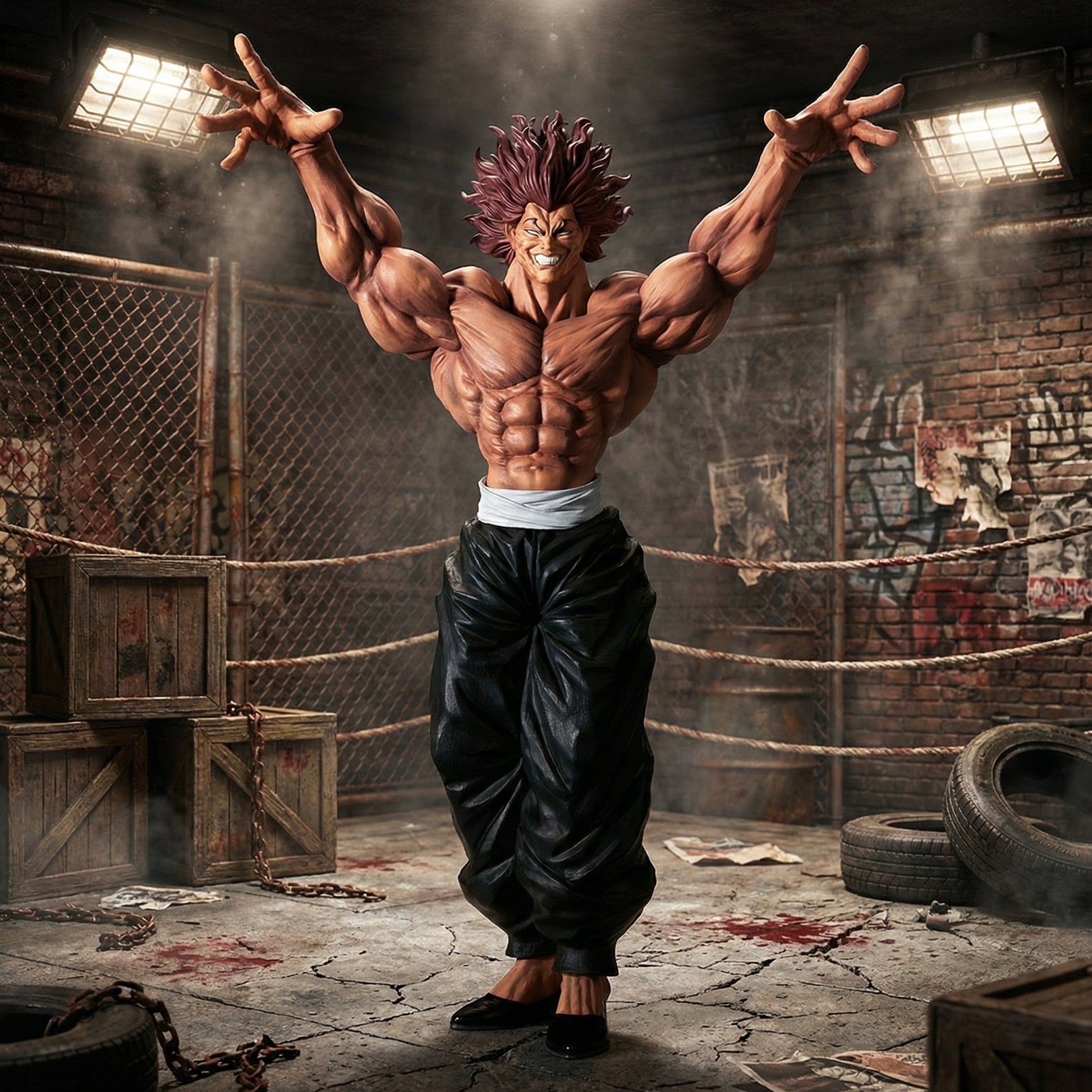 Muscular character in a gritty, industrial setting with a cage in the background