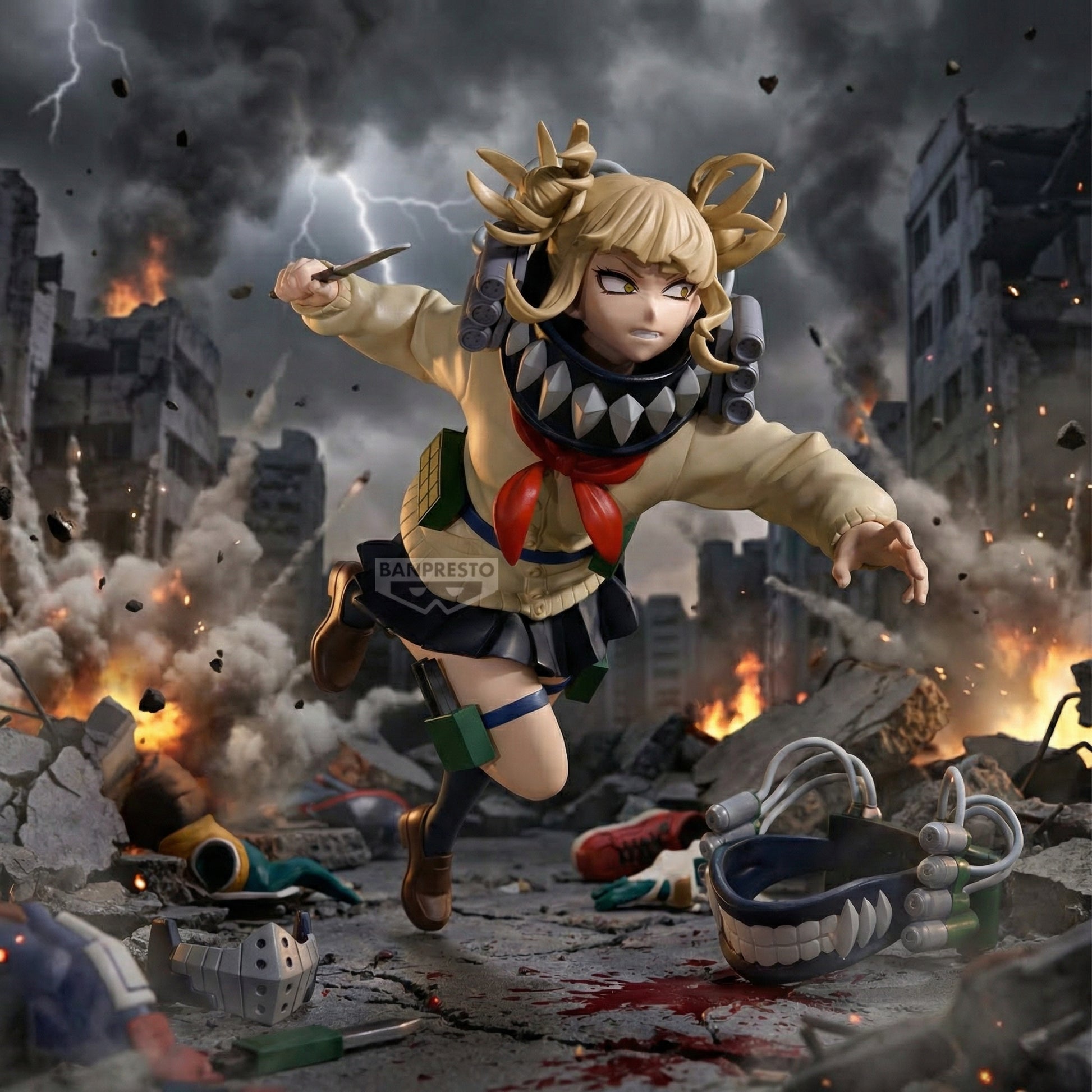 Animated character in a chaotic urban battle scene with explosions and destruction.
