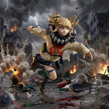 Animated character in a chaotic urban battle scene with explosions and destruction.