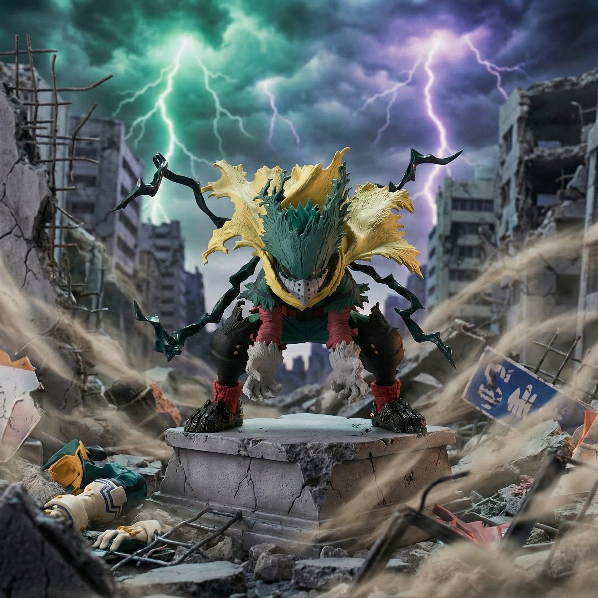 Monster-like creature in a post-apocalyptic setting with lightning and ruins