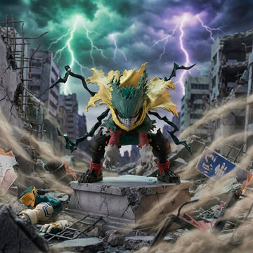 Monster-like creature in a post-apocalyptic setting with lightning and ruins