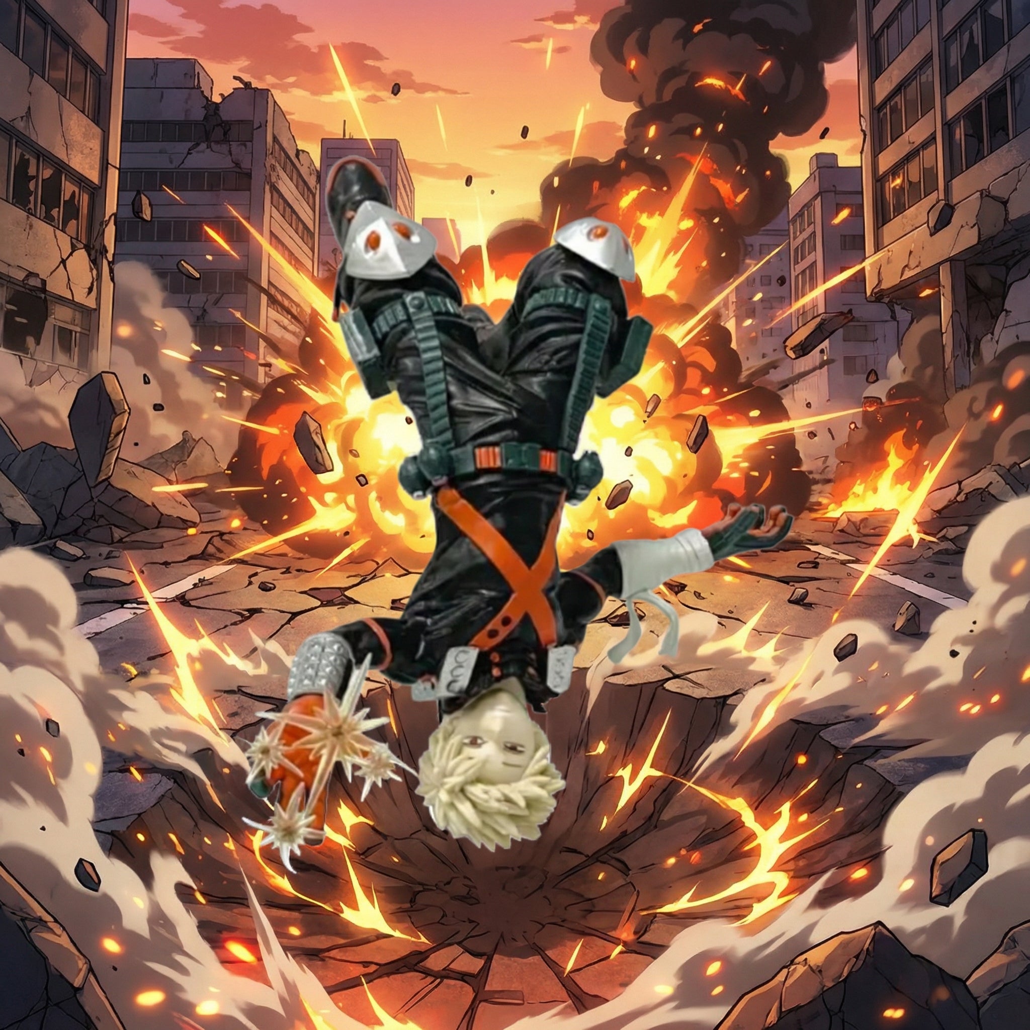 Comic book style illustration of a character in a dynamic pose amidst destruction and fire.
