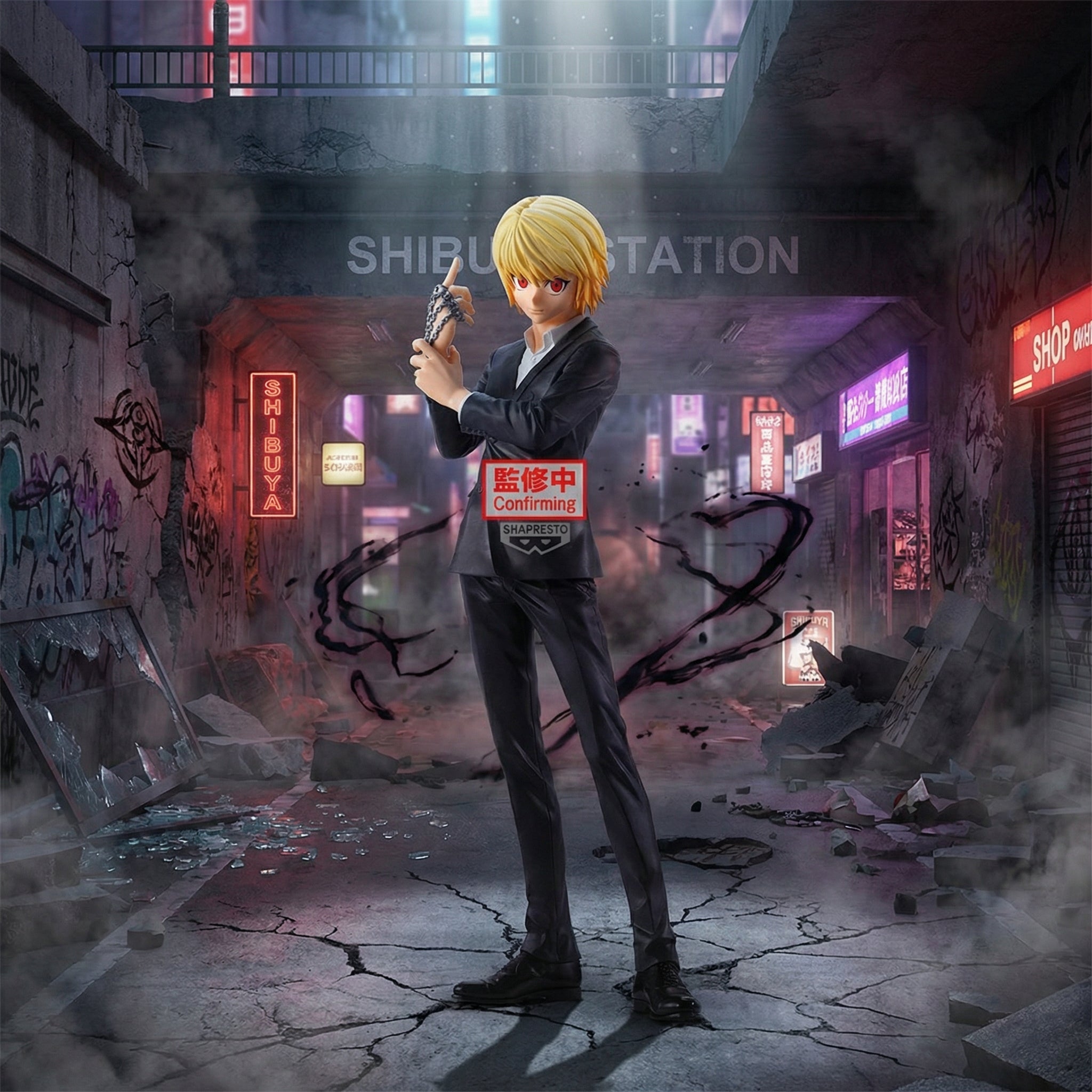 Anime character in a dystopian urban setting with neon signs and graffiti.