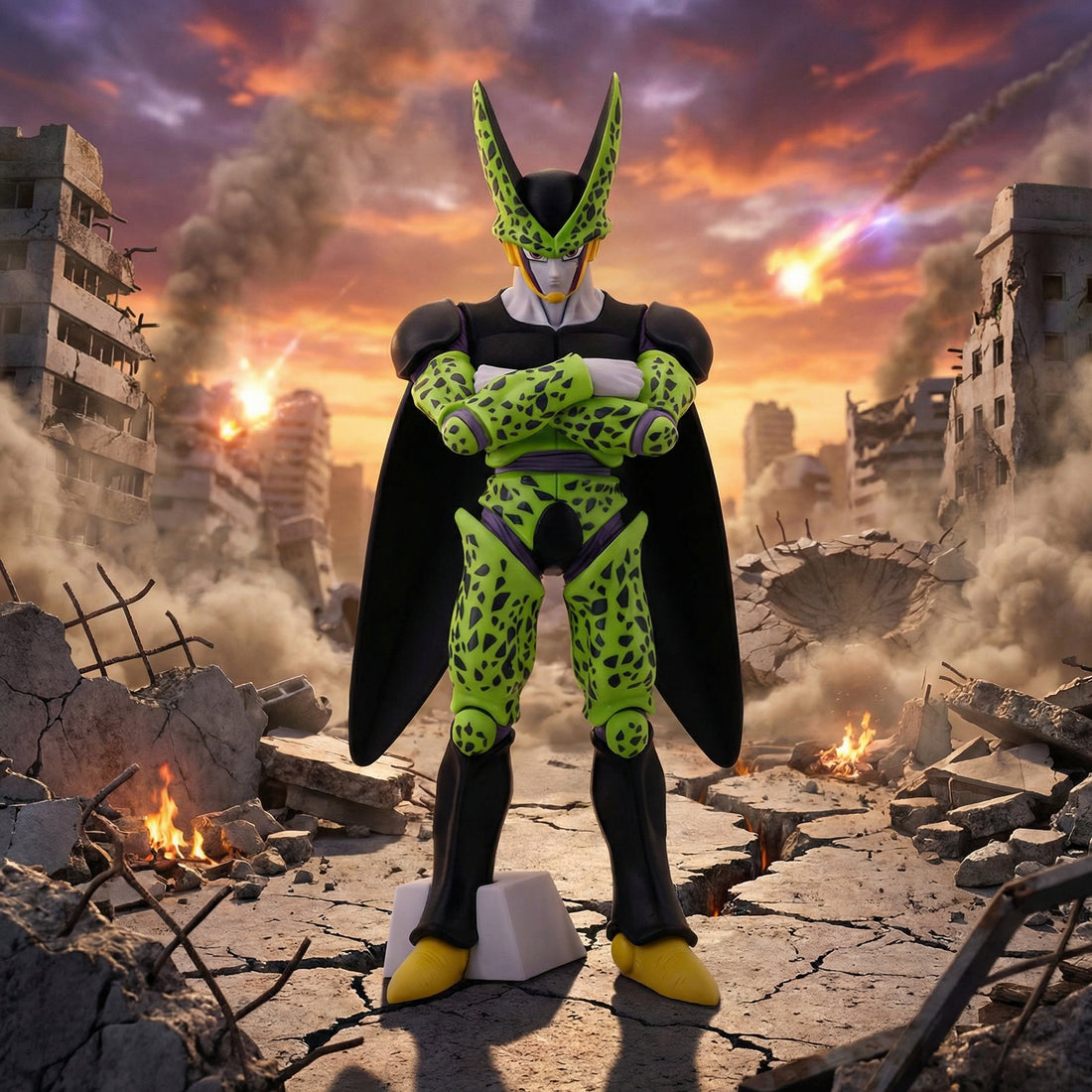 Character in a green and black outfit with yellow accents standing in a destroyed cityscape with a fiery sky.