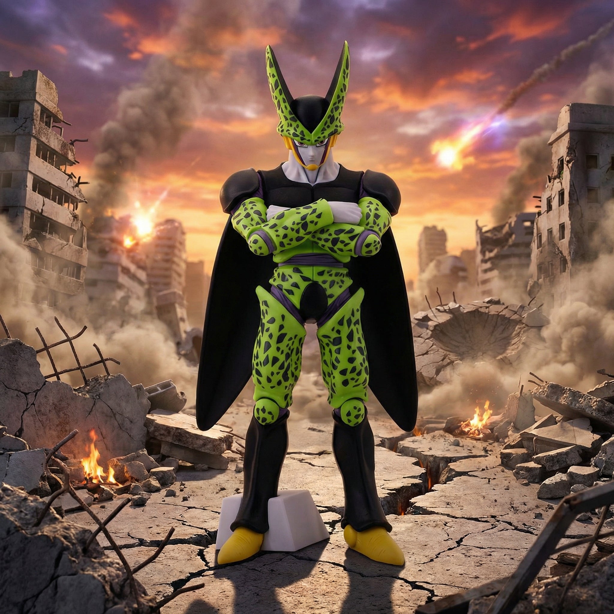 Character in a green and black outfit with yellow accents standing in a destroyed cityscape with a fiery sky.