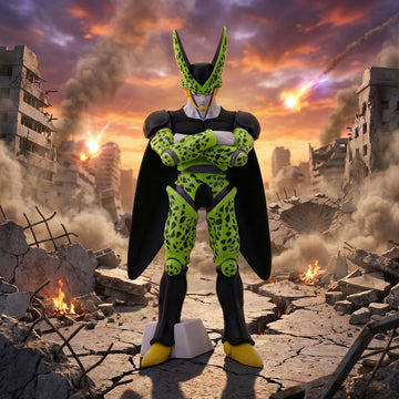Character in a green and black outfit with yellow accents standing in a destroyed cityscape with a fiery sky.