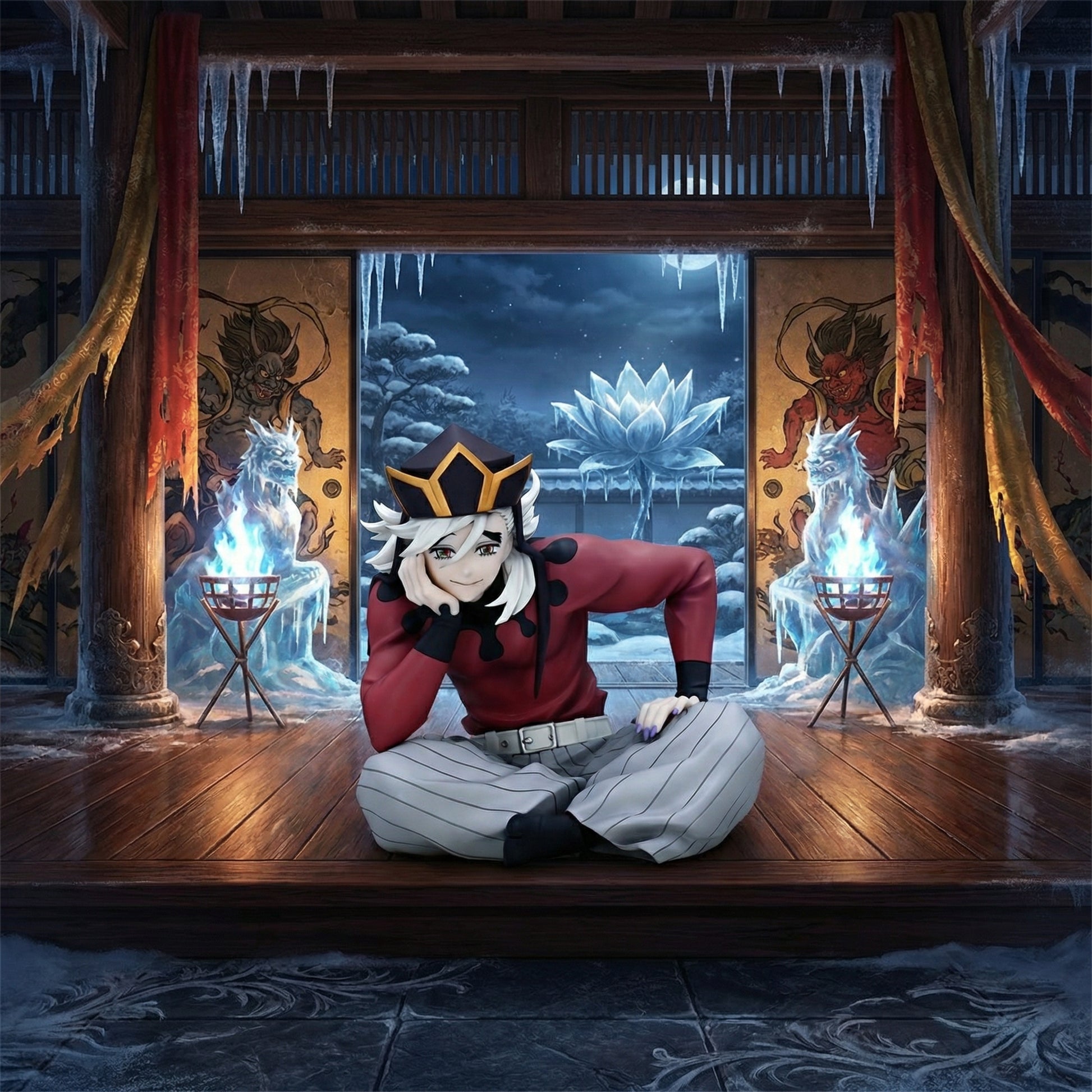 Animated character in a traditional room with icy decorations