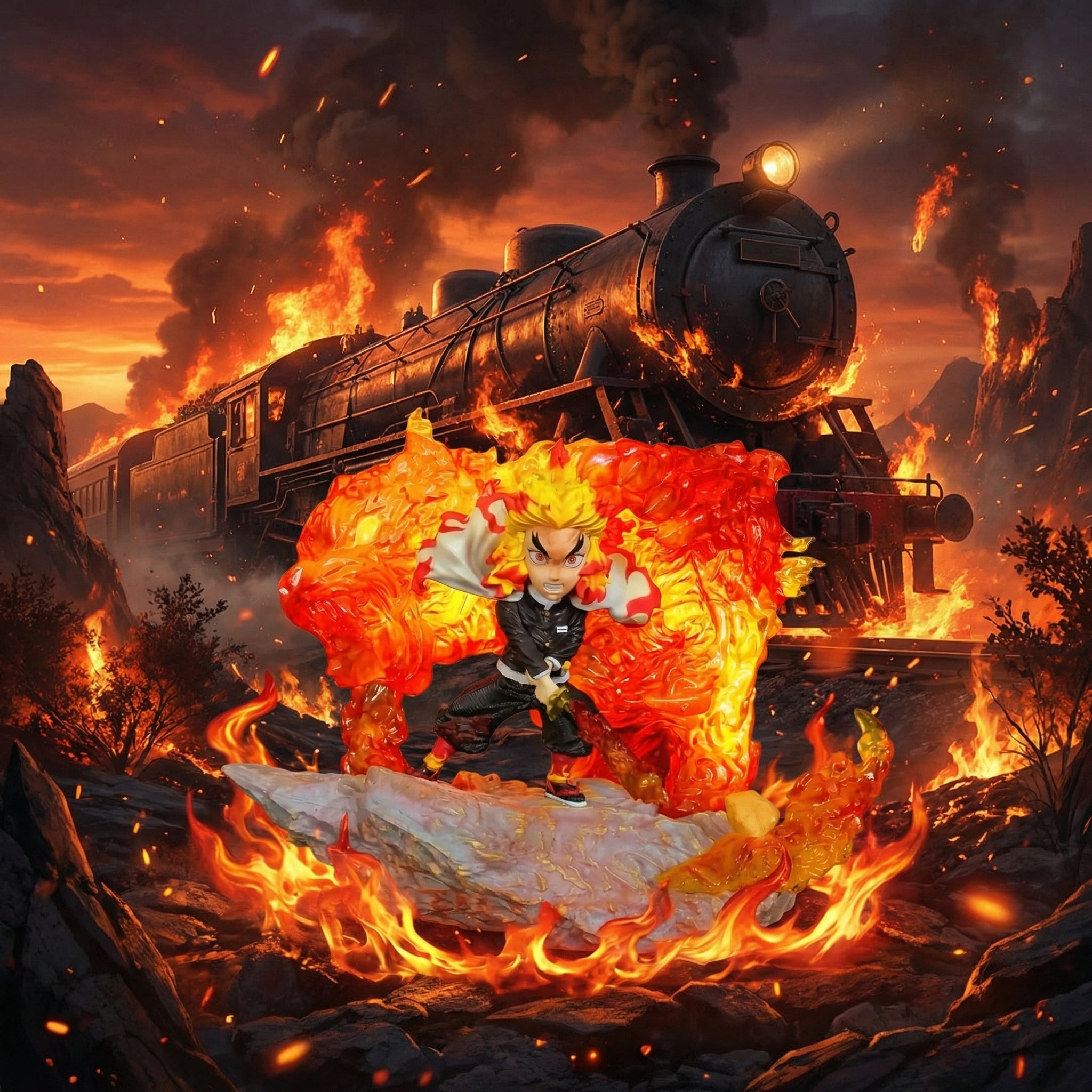 Animated character surrounded by flames with a train in the background