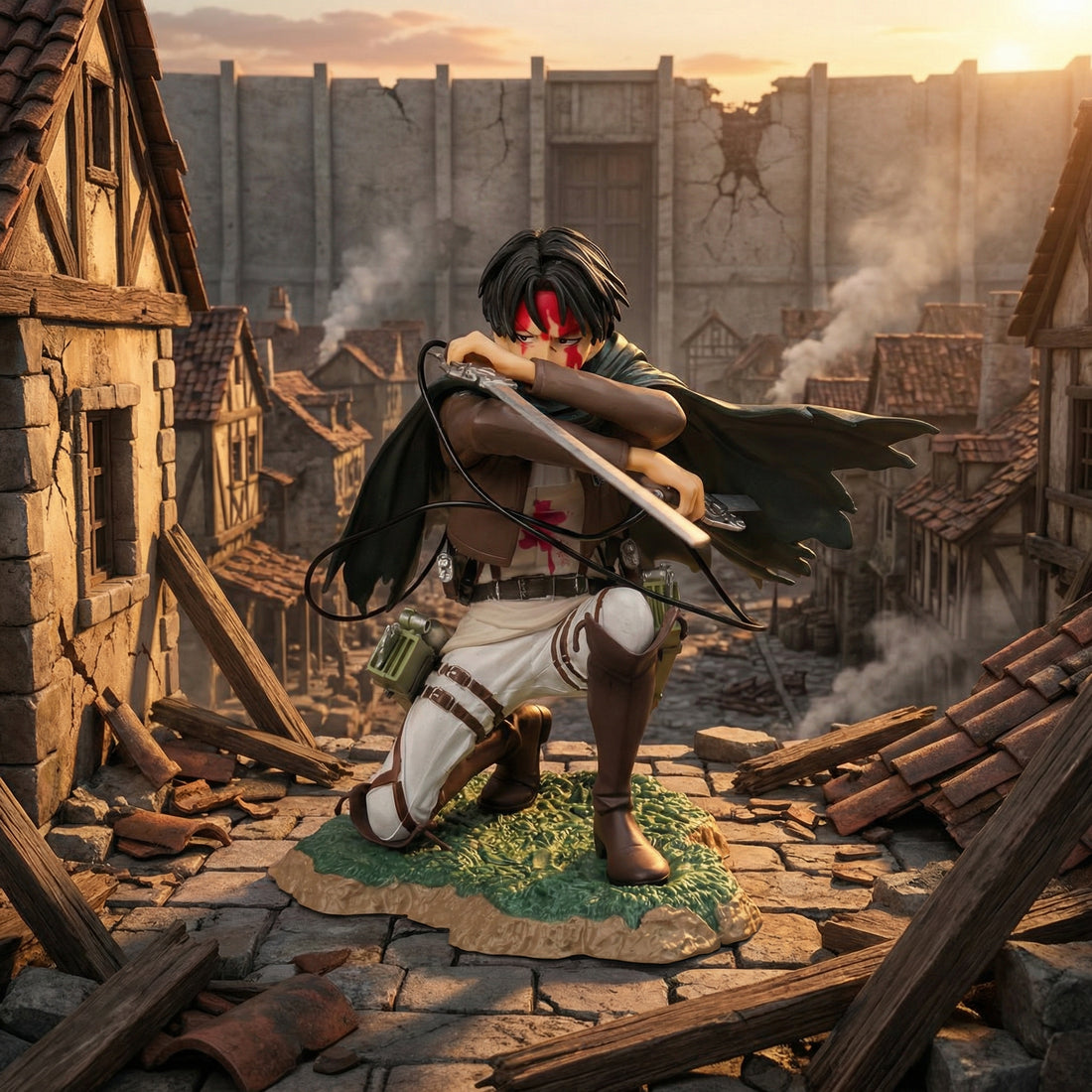 Character in a fantasy setting with a destroyed village in the background