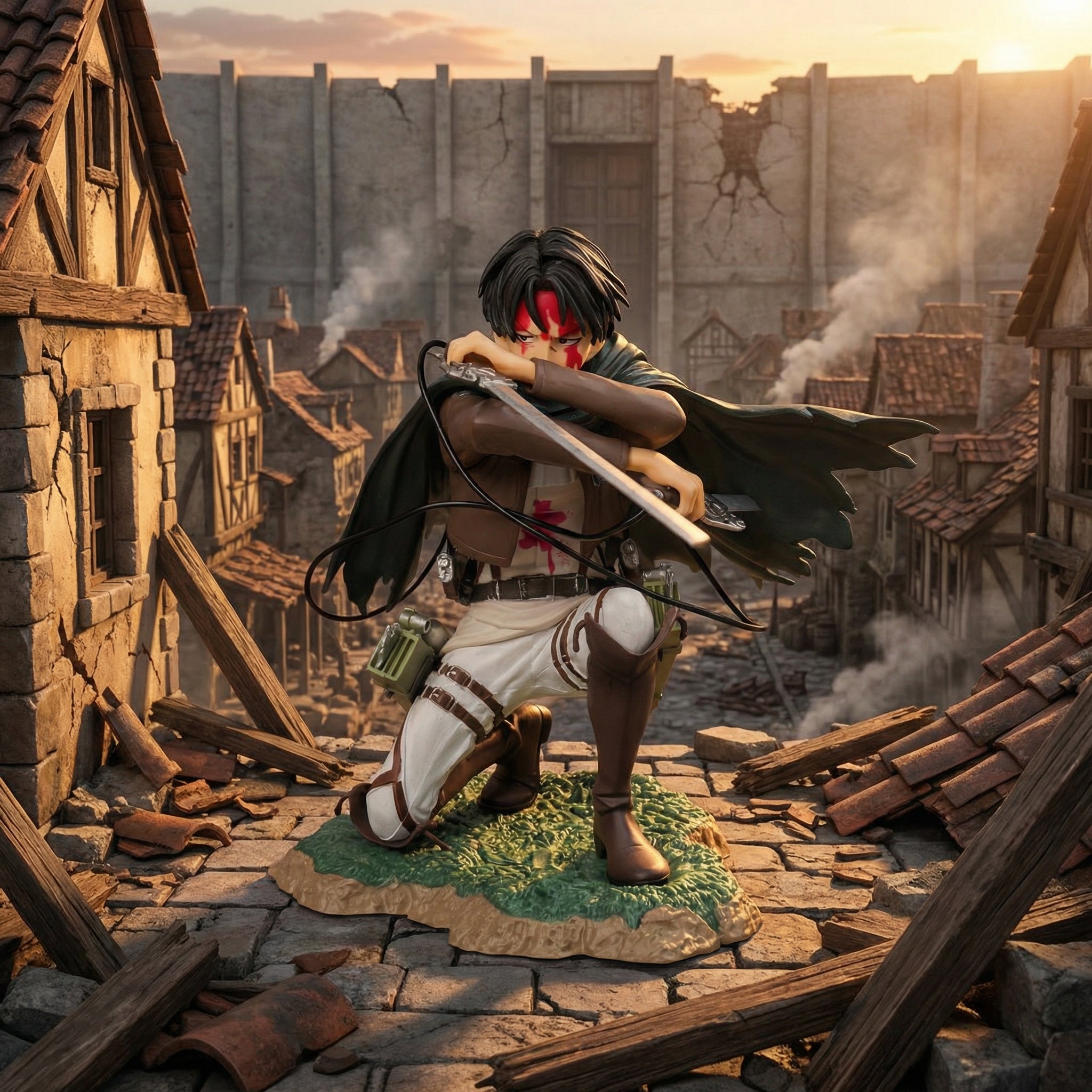 Character in a fantasy setting with a destroyed village in the background