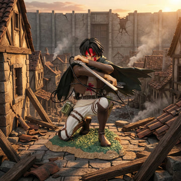 Character in a fantasy setting with a destroyed village in the background