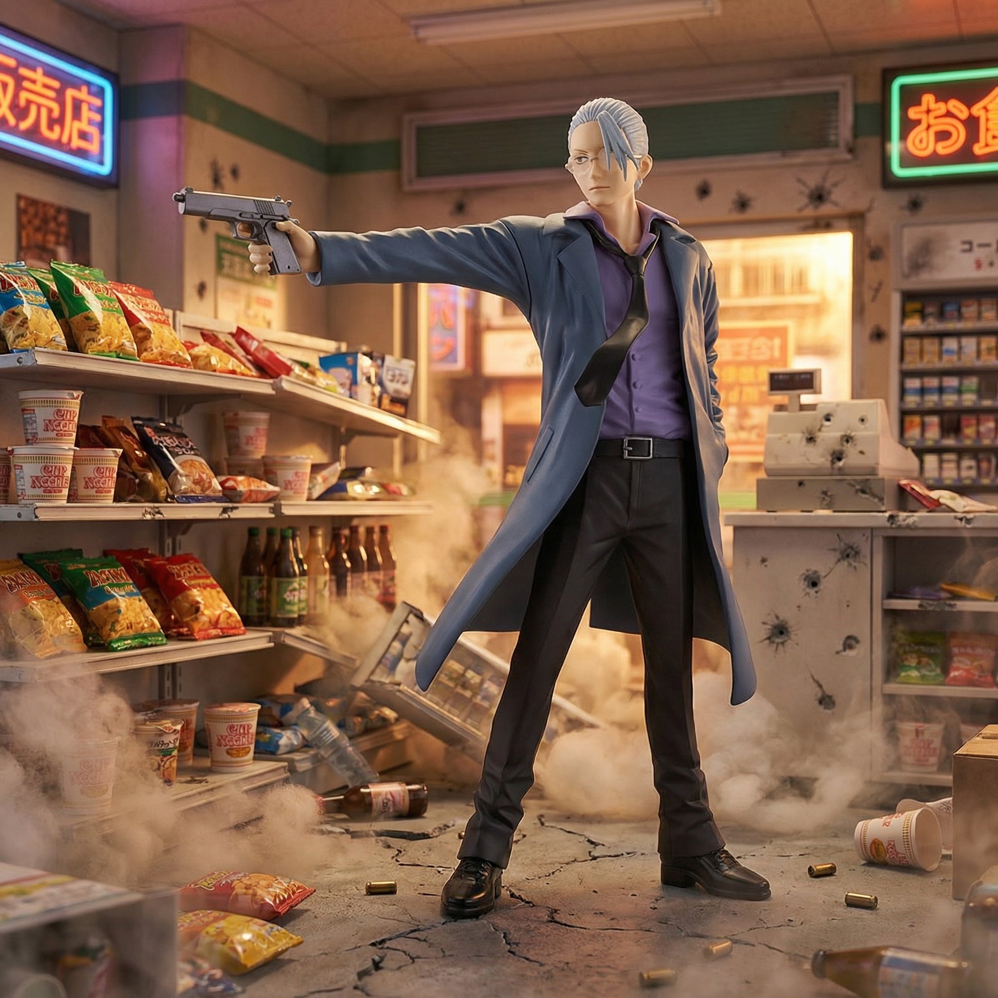 Action figure in a dramatic pose in a store with smoke and debris